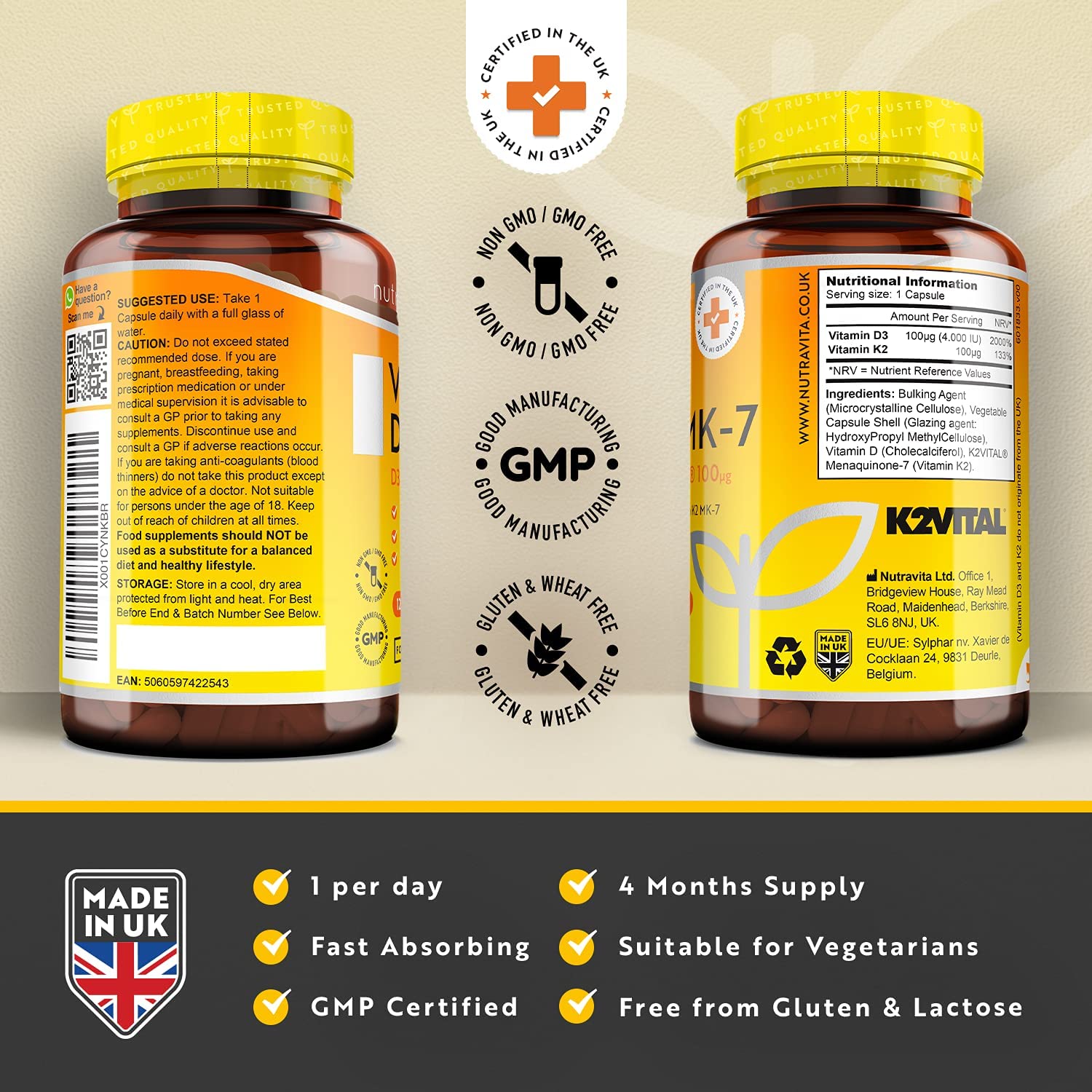 Nutravita Vitamin D3 4000 IU & Vitamin K2 100ug MK7 (K2VITAL®️) - Clinically Proven Ingredients – Max Strength - 120Capsules – Supports Normal Immune System – Cholecalciferol & Menaquinone-7 – Made in The UK - Image 8