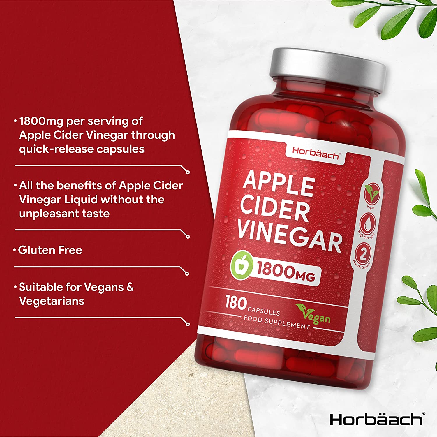 Horbaach Apple Cider Vinegar Capsules | 1800mg 180 Count | High Strength كبسولات خل التفاح | 1800 مجم | 180 قرص | غير معدلة وراثيًا، مكمل غذائي خالٍ من الغلوتين | من هورباتش - Image 7