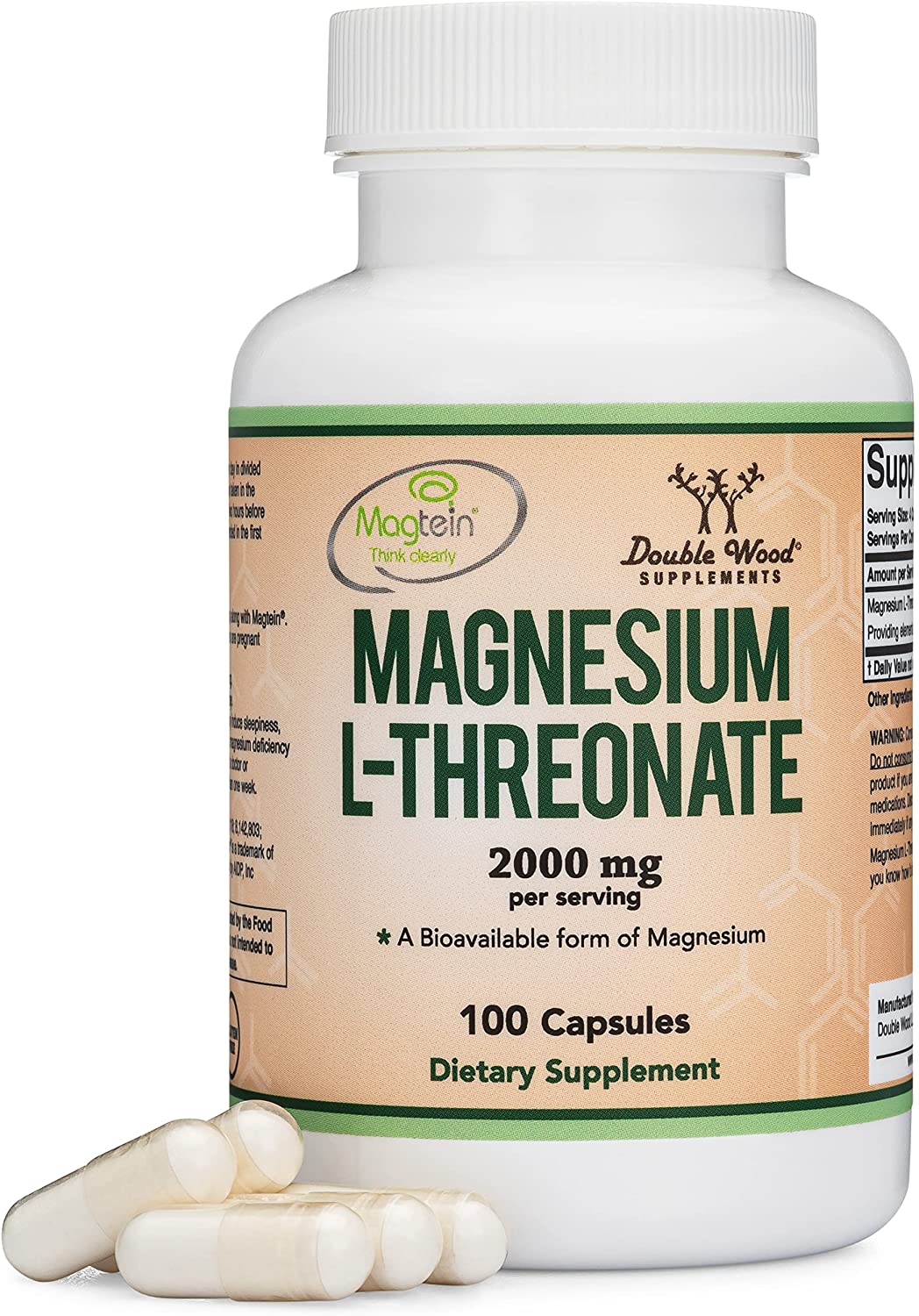 Double wood Magnesium L Threonate 2,000 mg – 100 Capsulesثريونات الماغنيسيوم 2000 مجم للجرعة لدعم صحة النوم والوظائف المعرفية ، 100 كبسولة