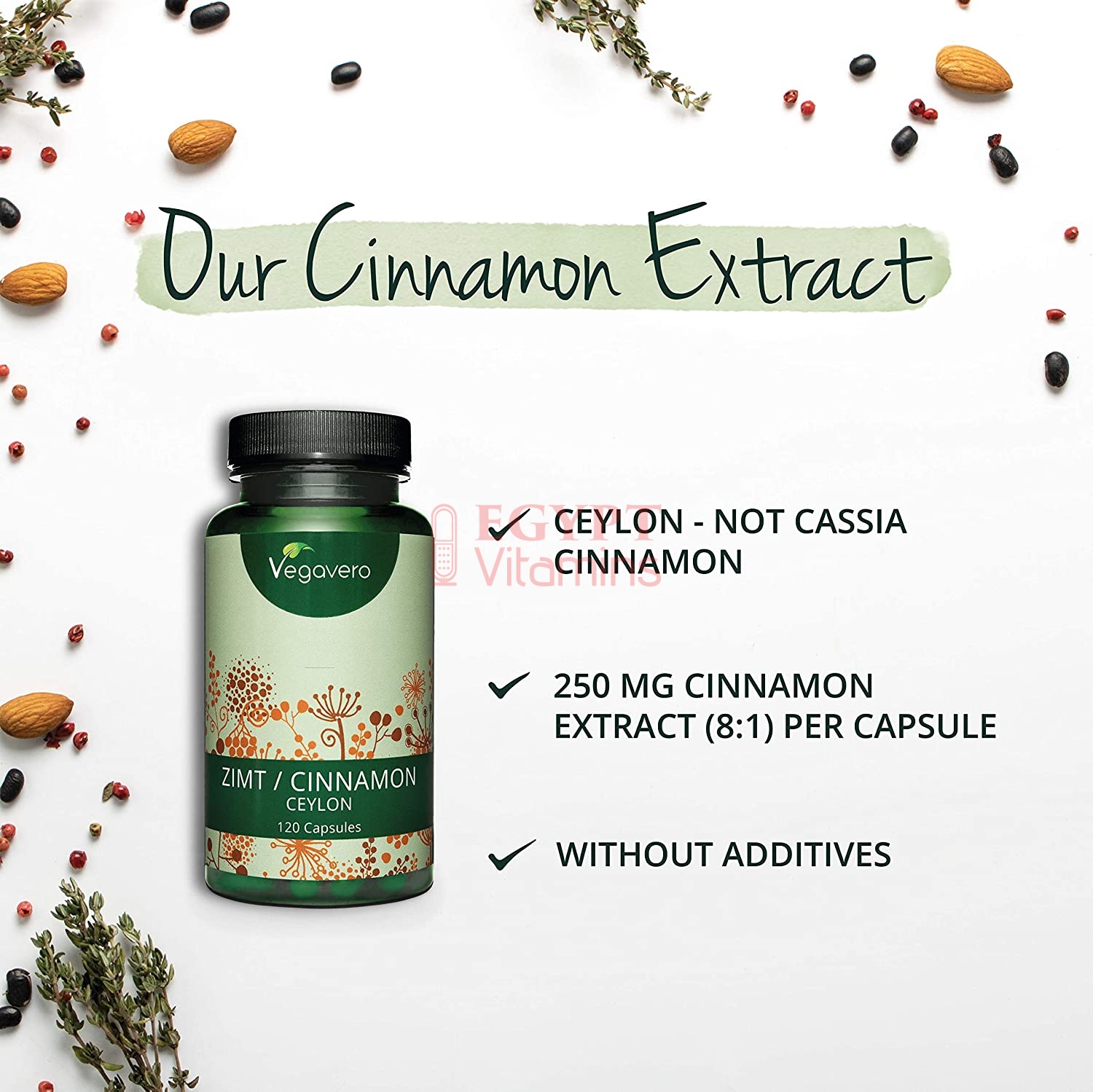 Vegavero Ceylon Cinnamon | High Dosage: 2000 mg (8:1 Extract) per capsule | 120 Capsules قرفة سيلان عالية الجرعة 2000 مجم ، استخلاص 1 : 8 للكبسولة ، 120 كبسولة - Image 3