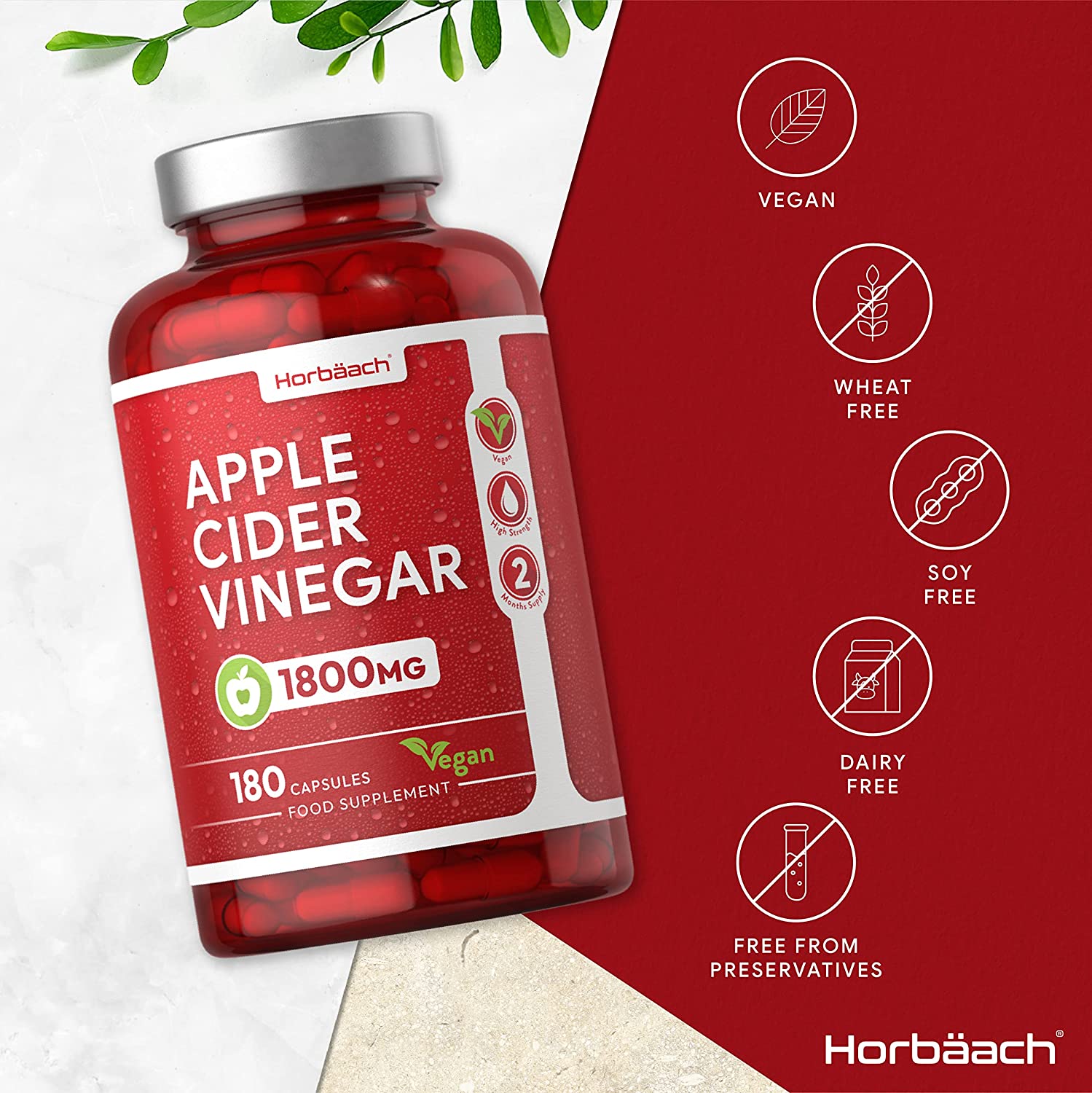 Horbaach Apple Cider Vinegar Capsules | 1800mg 180 Count | High Strength كبسولات خل التفاح | 1800 مجم | 180 قرص | غير معدلة وراثيًا، مكمل غذائي خالٍ من الغلوتين | من هورباتش - Image 8