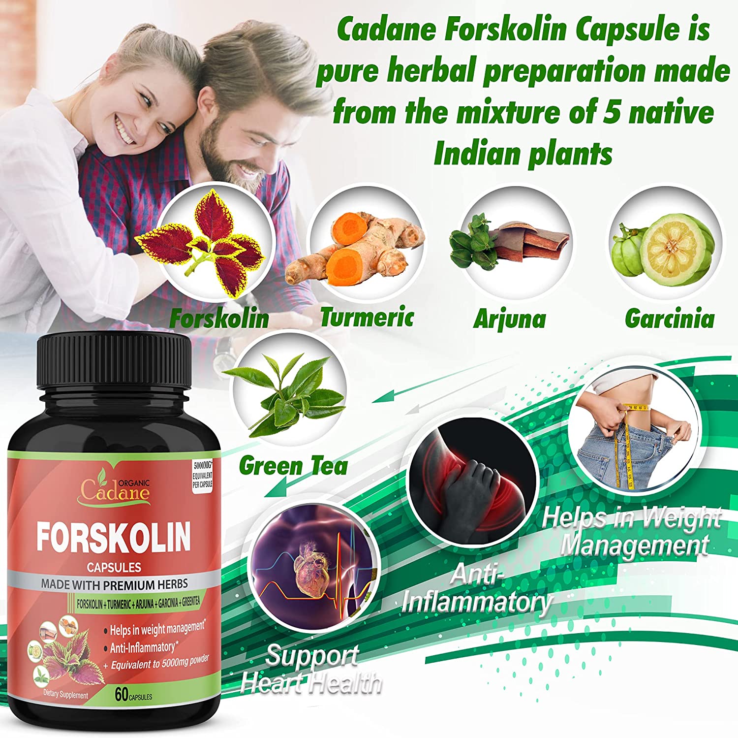 Organic Cadane Organic Forskolin Extract Capsules 5000MG with Turmeric Curcumin, Arjuna, Garcinia Cambogia, Green Tea | Maximum Strength India Supplements | Support Nourishing Diet Coleus Forskohlii, Energy Booster مستخلص فورسكولين العضوى 5000 مجم ، مع الكركم والارجونا والجارسينيا كمبوجيا والشاى الأخضر ، لدعم فقدان الوزن ولدعم إنتاج الطاقة - Image 6