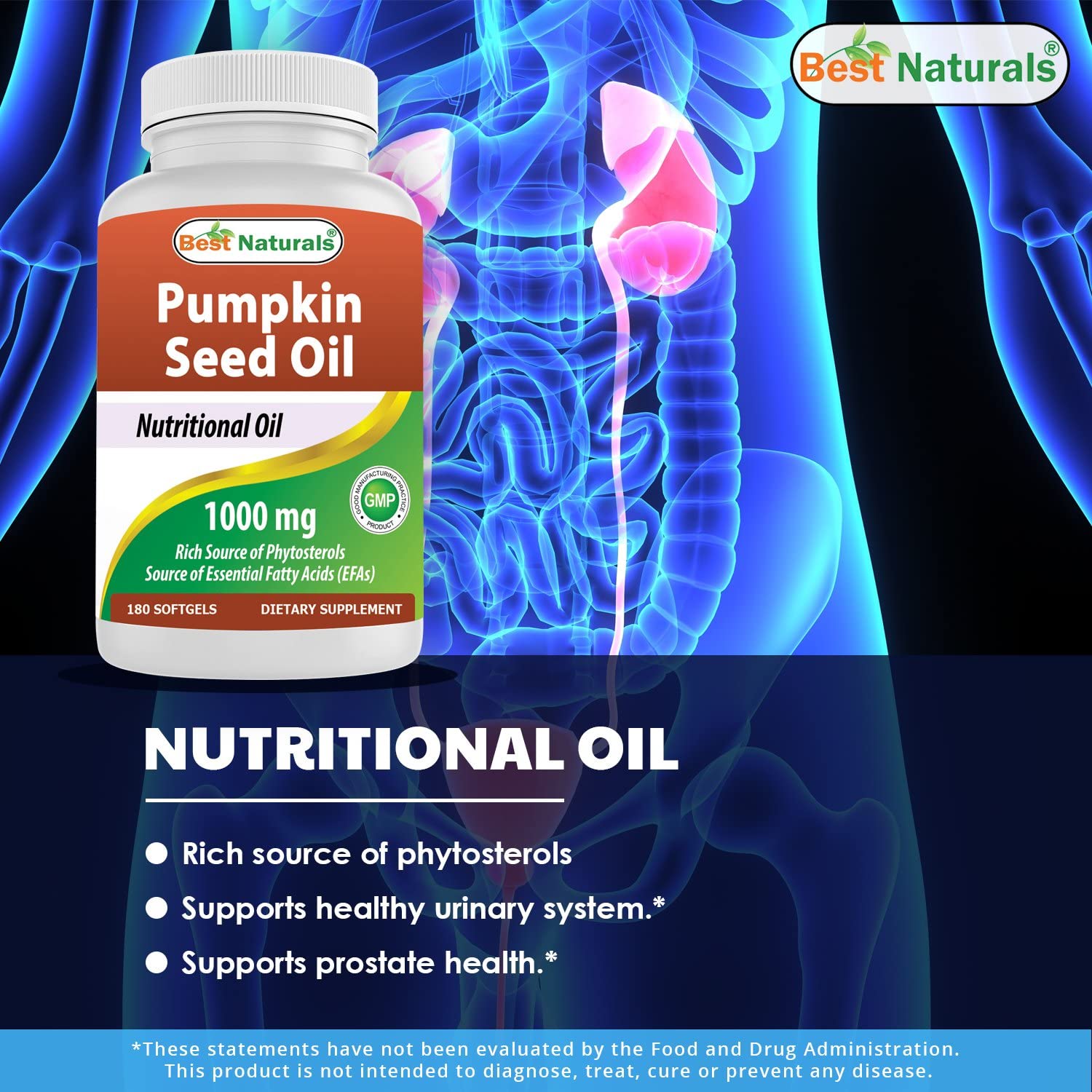 Best Naturals Pumpkin Seed Oil Bladder Control 1000 mg 180 Softgels زيت بذور اليقطين 1000 مجم ، لصحة المثانة والبروستاتا ، 180 سوفت جل - Image 2
