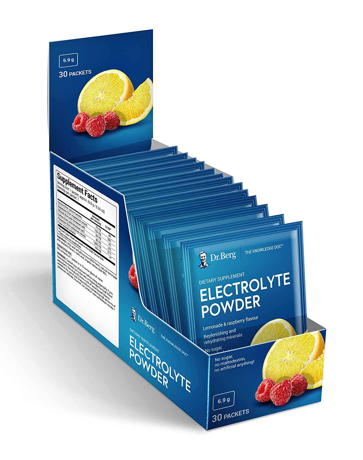 Dr. Berg's Electrolyte Powder Packets - Travel Size Hydration Drink Mix Supplement -13x Potassium - Boost Energy & Keto-Friendly - NO Maltodextrin, Sugar & Carb-Free - Raspberry Lemon Flavor 30 Countsدكتور بيرج ، مسحوق الالكتروليت ، لتوليد الطاقة وتجديد الخلايا ، بطعم الليمون والراسبيرى الطبيعى، 30 جرعة - Image 7