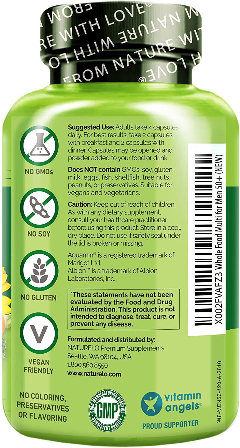 NATURELO Whole Food Multivitamin for Men 50+ - with Vitamins, Minerals, Organic Herbal Extracts - Vegan Vegetarian - for Energy, Brain, Heart and Eye Health - 120 Capsulesناتشريلو ، طعام كامل فيتامينات و معان متعددة للرجال فوق 50 عام ، مكمل غذائى كامل لزيادة إنتاج الطاقة و لتحسين الصحة العامة ، 120 كبسولة نباتية - Image 8