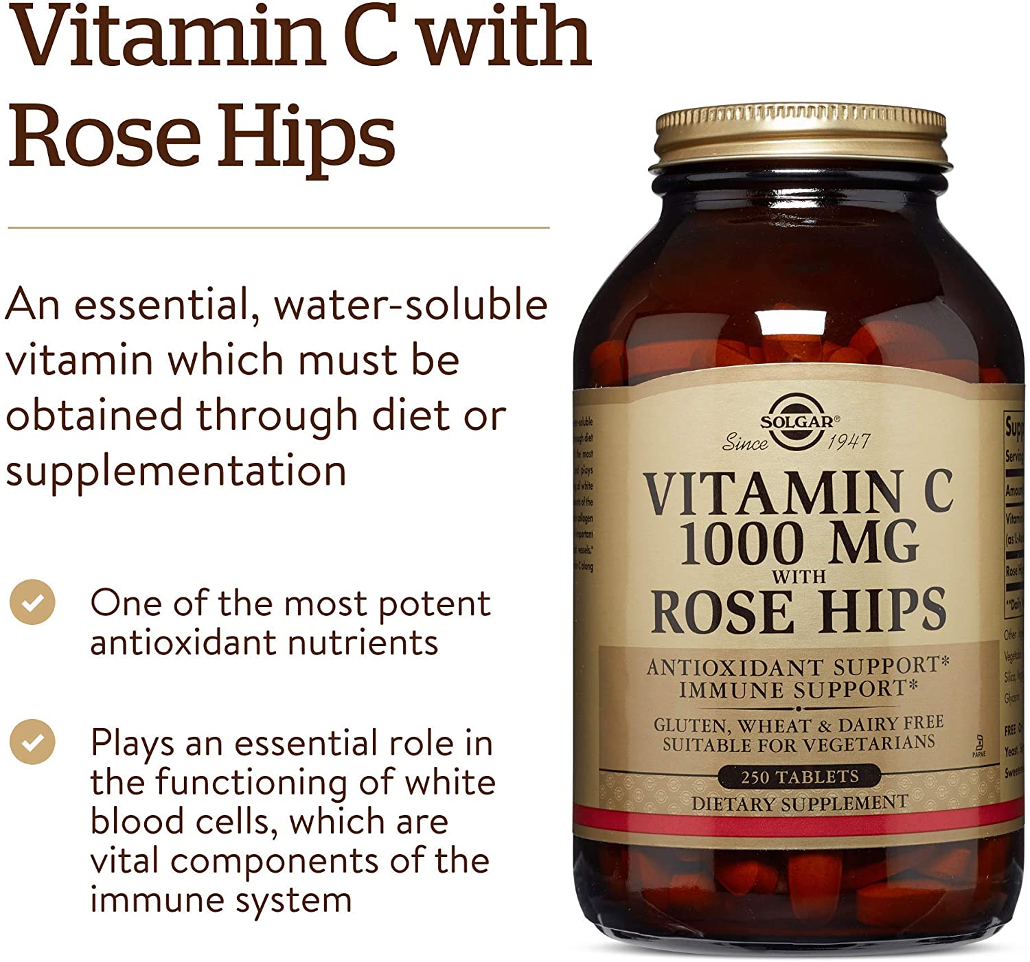 Solgar Vitamin C 1000 mg with Rose Hips, 250 Tablets