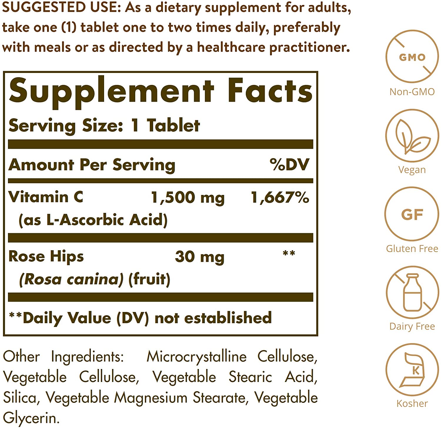 ingredients of Solgar Vitamin C 1500 mg with Rose Hips – 180 Tablets