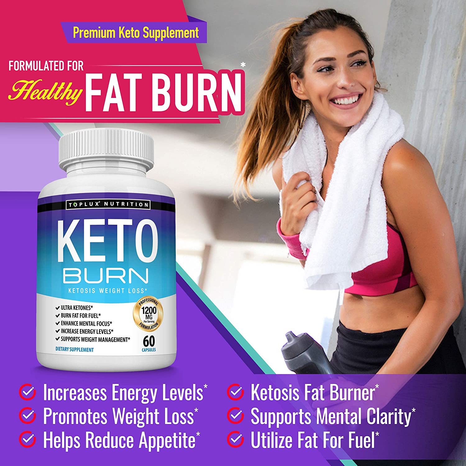 Keto Burn Pills Ketosis Weight Loss - 1200 Mg Ultra Advanced Natural Ketogenic Fat Burner Using Ketone Diet Boost Energy Focus & Metabolism Appetite Suppressant Men Women 60 Capsules Toplux Supplement - Image 5