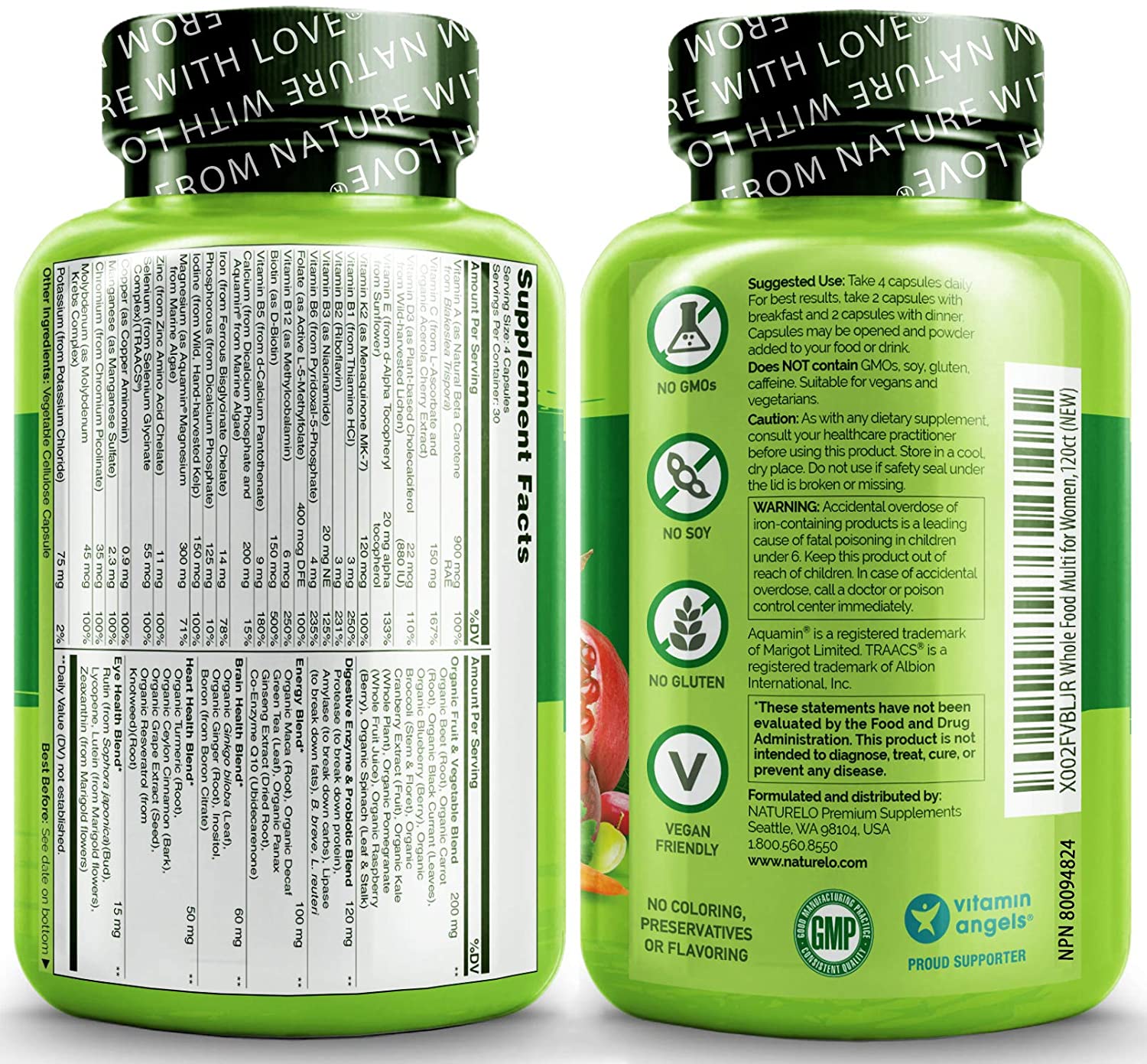 NATURELO Whole Food Multivitamin for Women - with Vitamins, Minerals, & Organic Extracts - Supplement for Energy and Heart Health - Vegan - Non GMO - 120 Capsules فيتامينات غذائية كاملة للنساء ، 120 كبسولة - Image 5
