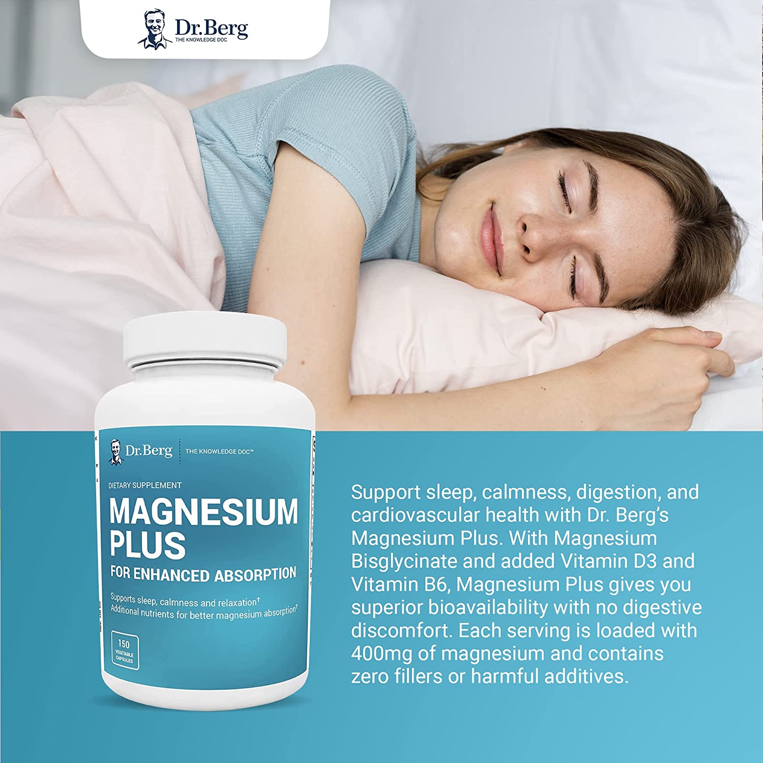 Dr. Berg's Magnesium Plus Magnesium Glycinate Supplement for Stress, Calm, Relaxation & Sleep Support - Muscle, Cardiovascular Bone Health & Cramp Defense w/ Vitamin D & B6 -150 Vegetarian Capsules - Image 2