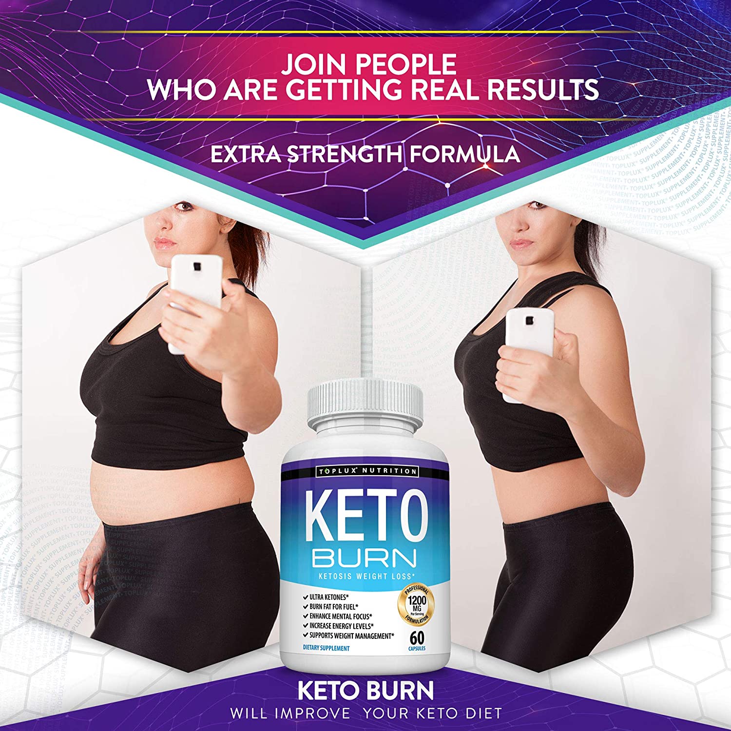 Keto Burn Pills Ketosis Weight Loss - 1200 Mg Ultra Advanced Natural Ketogenic Fat Burner Using Ketone Diet Boost Energy Focus & Metabolism Appetite Suppressant Men Women 60 Capsules Toplux Supplement - Image 6