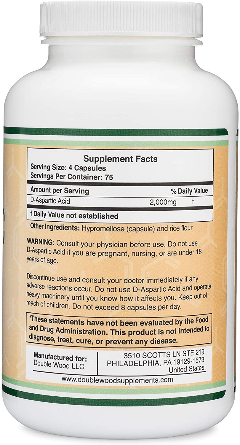 Double Wood Supplements D-Aspartic Acid (DAA) 2,000mg Per Serving, 300 Capsules, Promotes Athletic Performance and Testosterone Levels (Vegan Safe, Non-GMO, Gluten Free, Made in The USA مكملات دبل وود حمض الاسبارتيك 2,000 مجم للجرعة ، لتحسين الأداء الرياضى ورفع مستوى هرمون التستوستيرون 300 كبسولة - Image 2