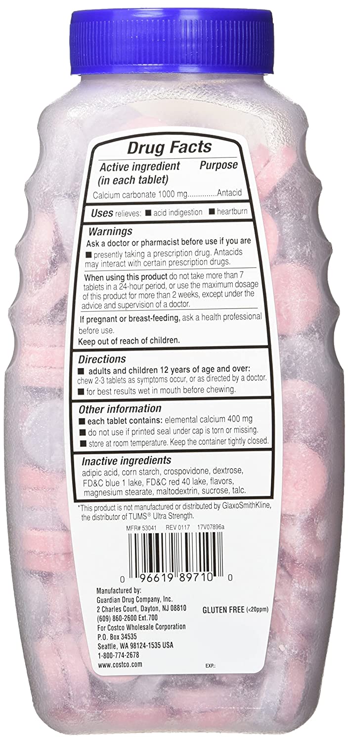 Kirkland Signature Ultra Strength Antacid Calcium Carbonate 1000 MG - Assorted Berry Flavors, 265 Tablets