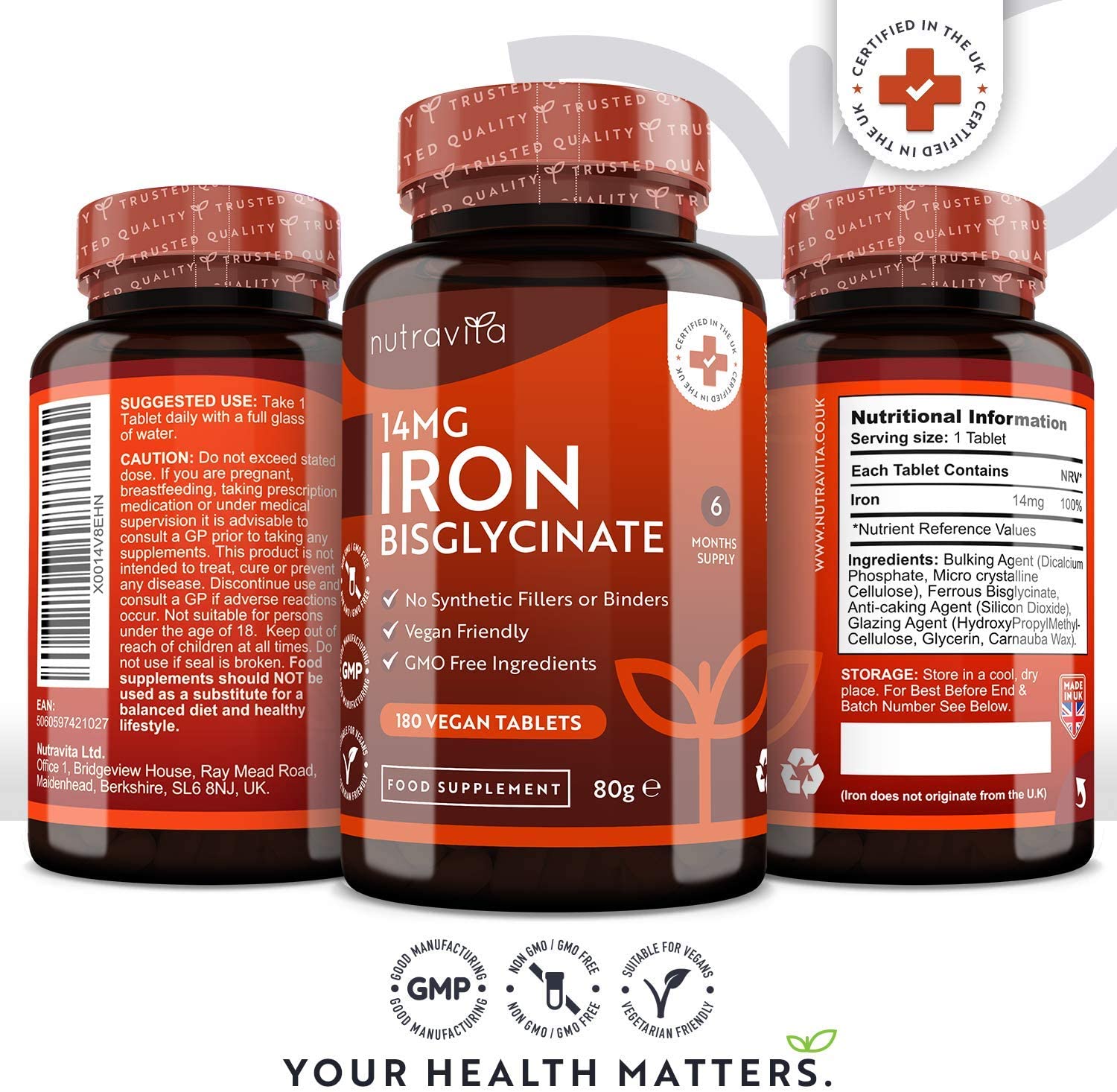 Nutravita Iron Tablets 14mg – 180 Vegan Tablets (6 Month Supply of Iron Supplements) – Contributes to the Reduction of Tiredness and Fatigue – Suitable for Men and Women نيوترافيتا الحديد 14 مجم للقرص 180 قرص نباتى - Image 7