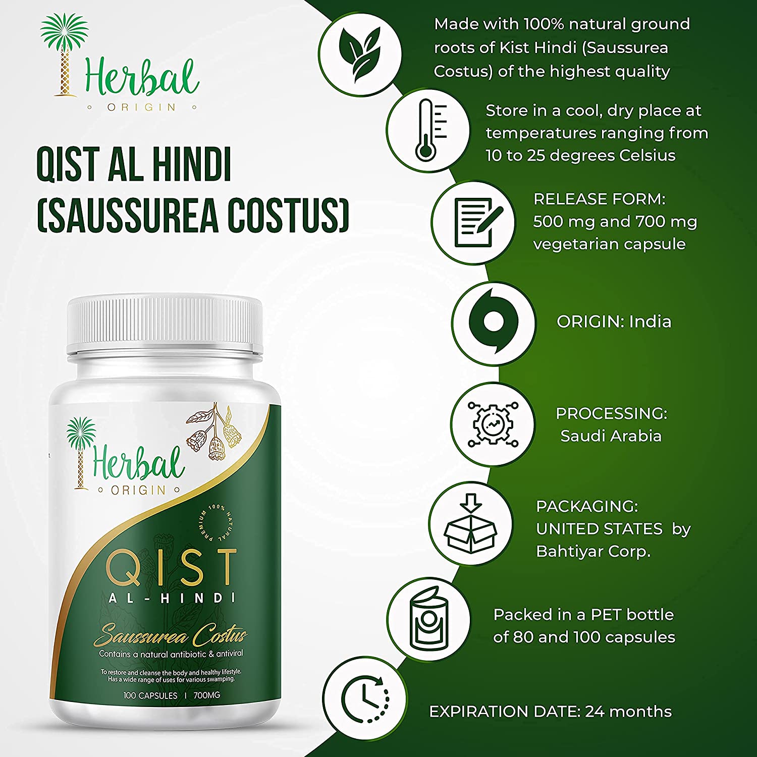 Qist Al-Hindi (Saussurea Costus) | Natural Supplement Non-GMO | Premium Sort of Costus Root | 100 Vegan Capsule - 500MG - Image 2