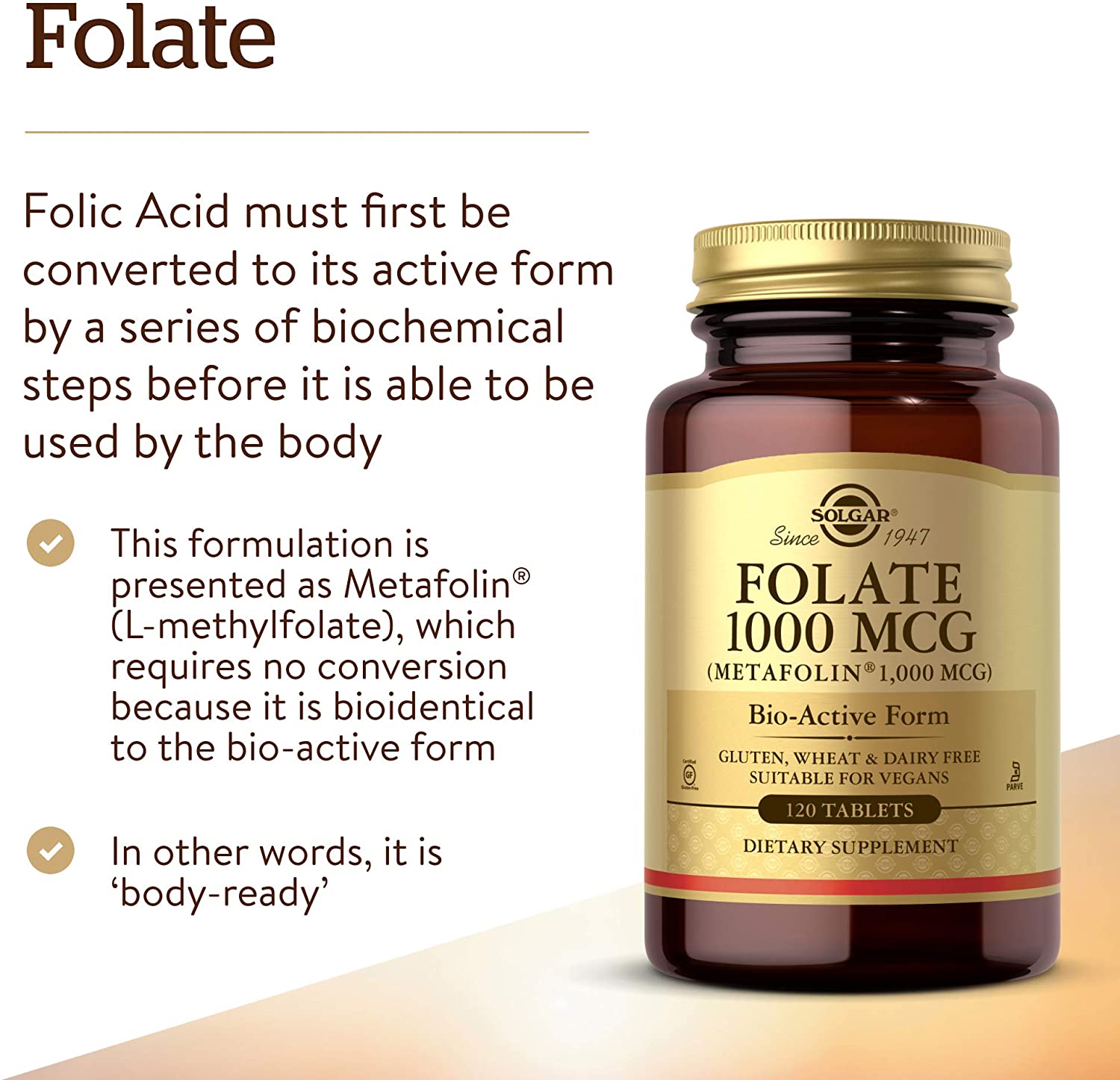 Solgar Folate 1000 mcg, 1000 mcg Bio-active Metafolin - Heart Health -120 Tablets - Image 3