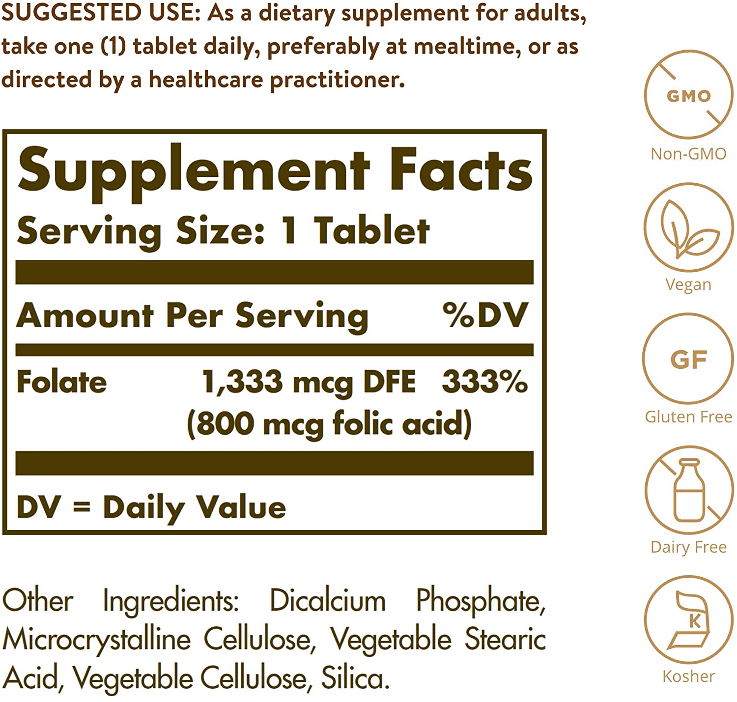 Solgar Folate 1,333 MCG Equivalent (800 mcg Folic Acid), Healthy Nervous System, pregnant Support, 250 Tablets سولجار فولات 1,333 ميكروجرام( 800 ميكرو حمض الفوليك) لصحة القلب والجهاز العصبى ولصحة الأمهات الحوامل ، 250 حباية - Image 4