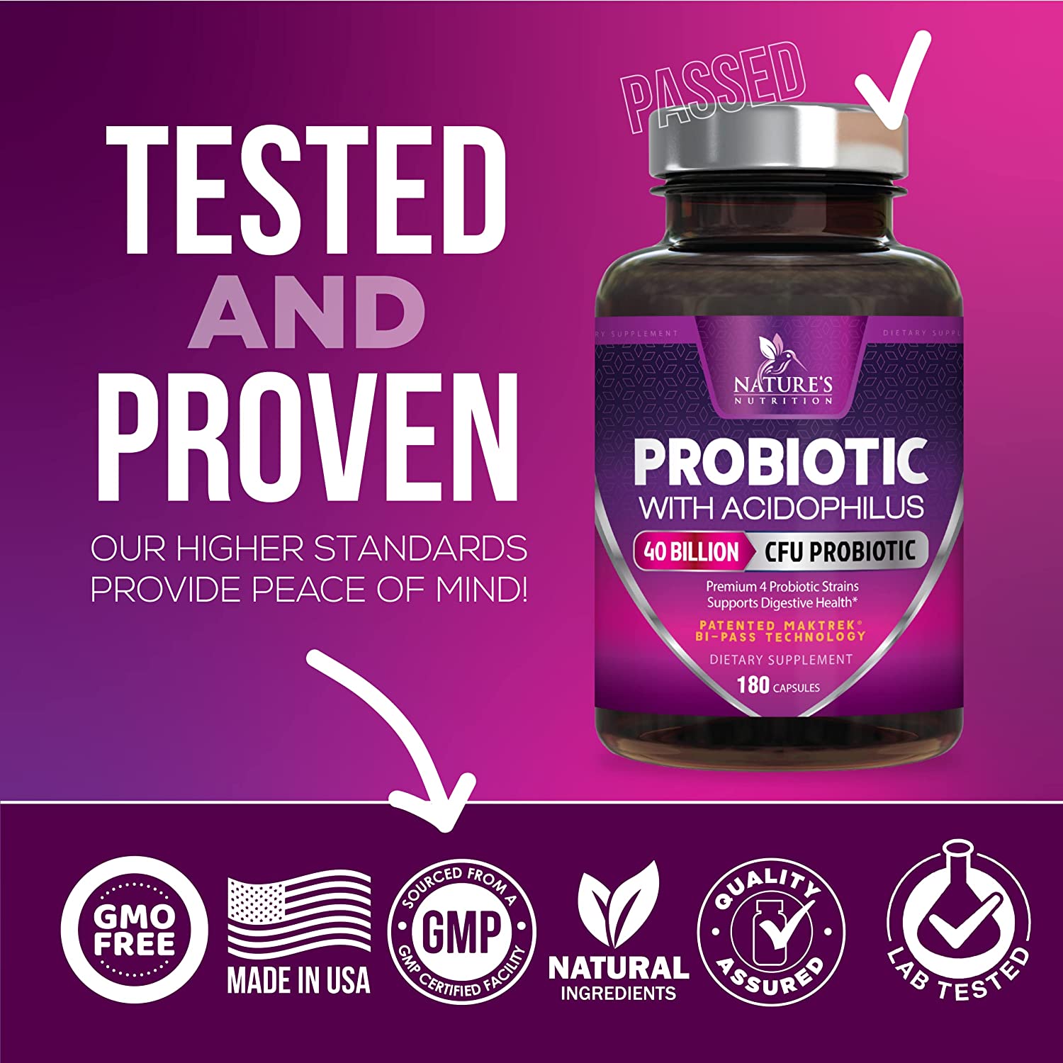 Nature's Nutrition Probiotic 40 Billion CFU - 15x More Effective with Targeted Release Lactobacillus Acidophilus - 180 Capsules ناتشرالز نيتريشن بروبيوتيك 40 مليار وحدة دولية لصحة الجهاز الهضمى والجهاز المناعى 180 كبسولة - Image 4