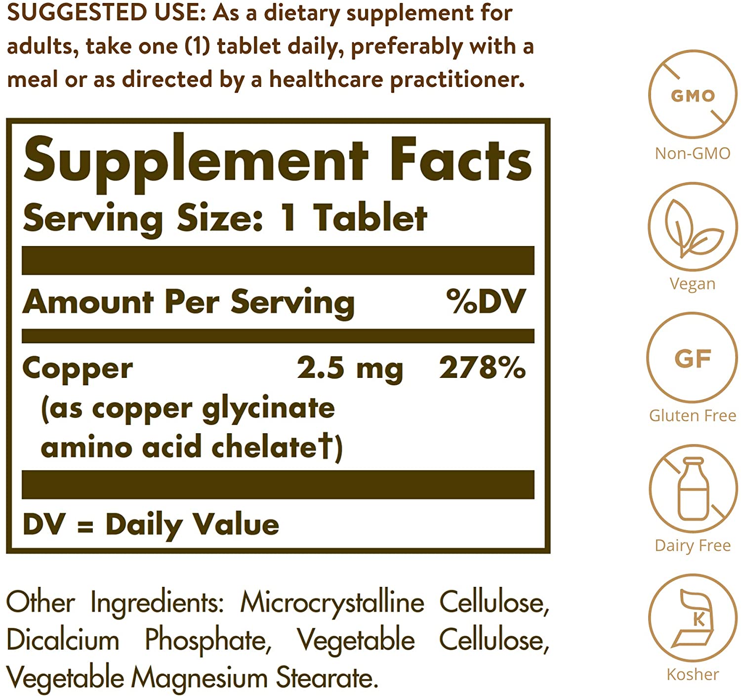 ingredients of Solgar Chelated Copper, 100 Tablets