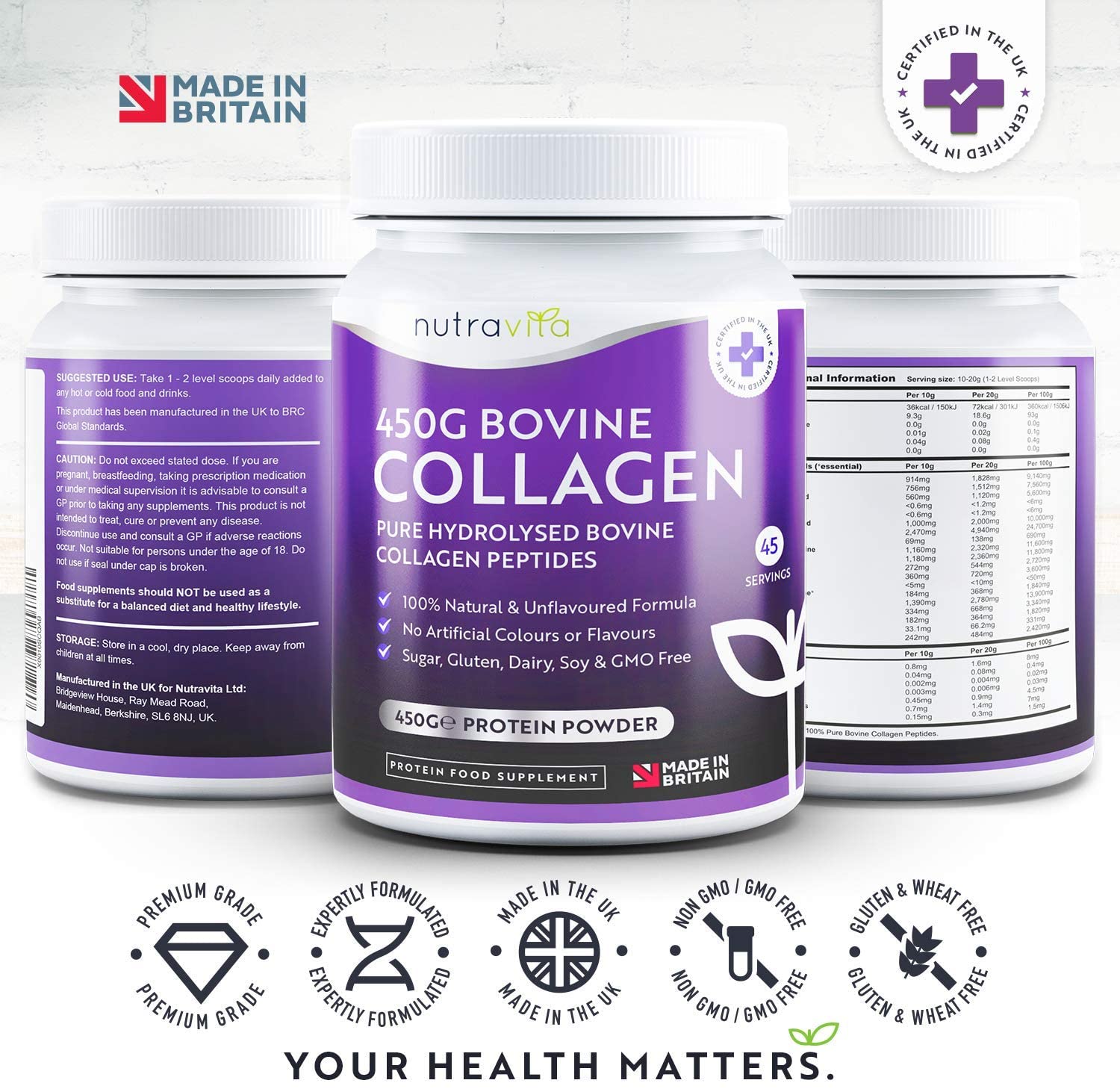 Nutravita Collagen Peptides Protein Powder - 450g of Superior Grass-Fed Bovine Protein Powder - 100% Natural Collagen نيوترافيتا ، كولاجين بقرى ، 450 جرام من مسحوق البروتين البقرى ، كولاجين طبيعى0 - Image 3