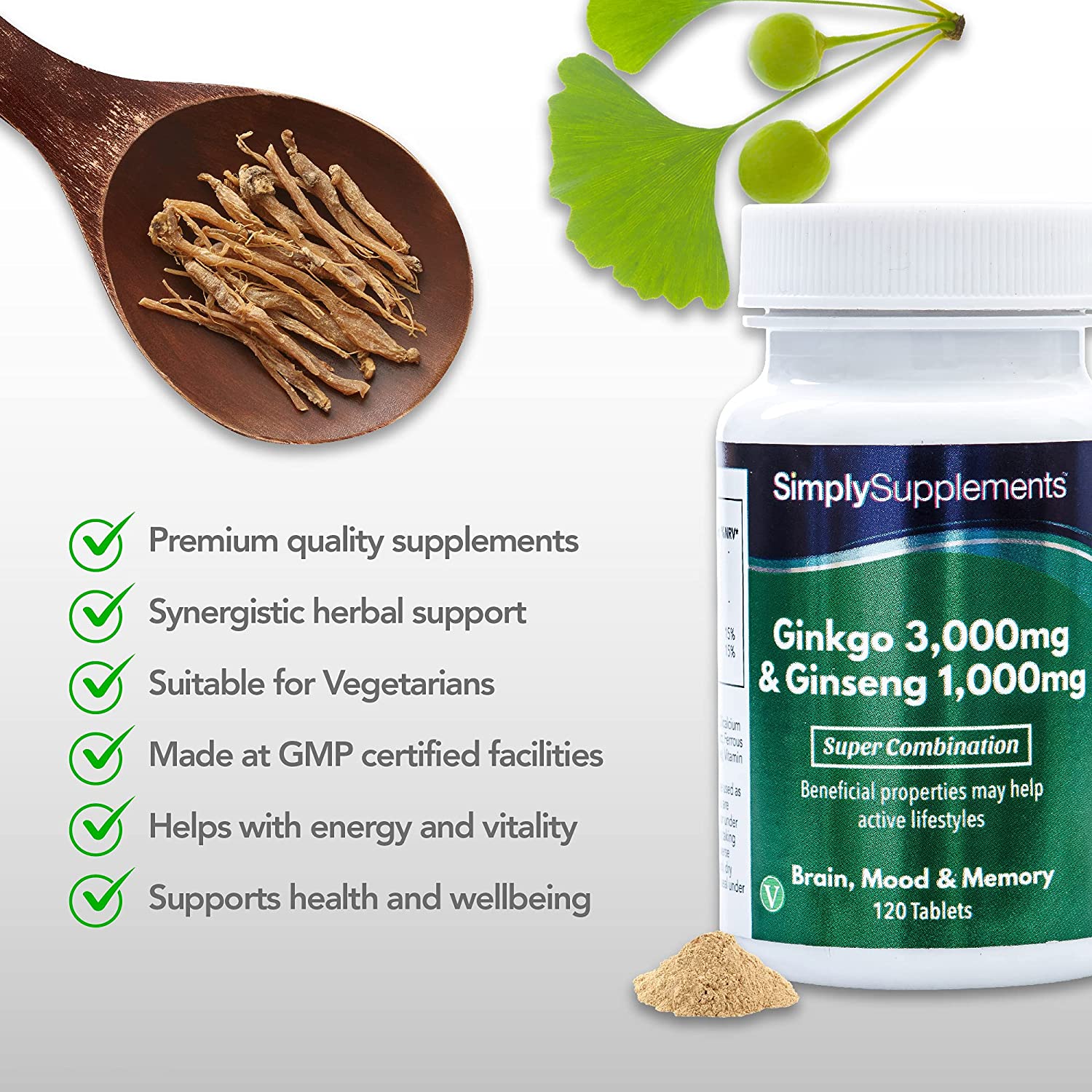 Simply Supplements Ginkgo Biloba & Korean Ginseng | Supports Mental Performance & Helps with Circulation | Vegan & Vegetarian Friendly | 120 Tablets | Manufactured in The UK سمبل سبلايمنتس خليط نباتى من الجانكجو بيلوبا 3000 مجم والجنسنج 1000 مجم لدعم صحة المخ والذاكرة والمزاج 120 حباية - Image 4