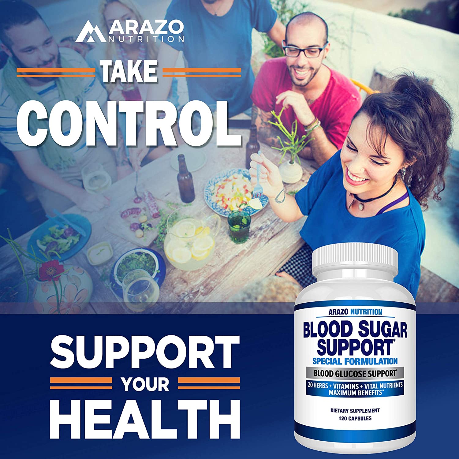 Arazo Nutrition Blood Sugar Support Supplement - 20 Herbs & Multivitamin for Blood Sugar Control - 120 Pills مكمل لدعم سكر الدم ، 20 عشب و فيتامينات متعددة للتحكم فى سكر الدم ، 120 حباية - Image 5