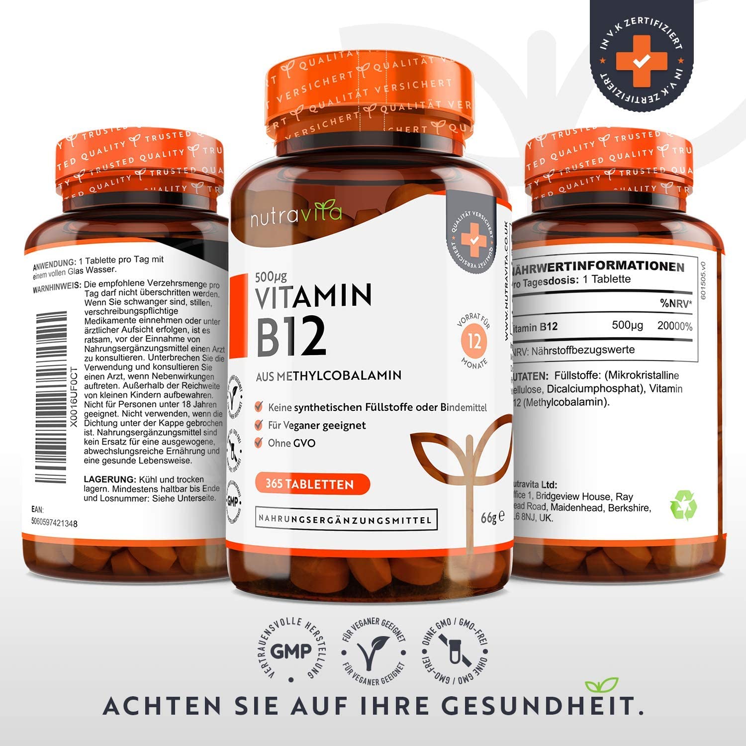 Nutravita Vitamin B12 500mcg - 365 tablets (1 year supply) of vegan methylcobalamin - tested and certified in Germany - helps reduce fatigue <BR/>فيتامين ب12 ، 500 ميكروجرام للحباية لصحة الجهاز العصبى وتقليل التعب 365 حباية - Image 8