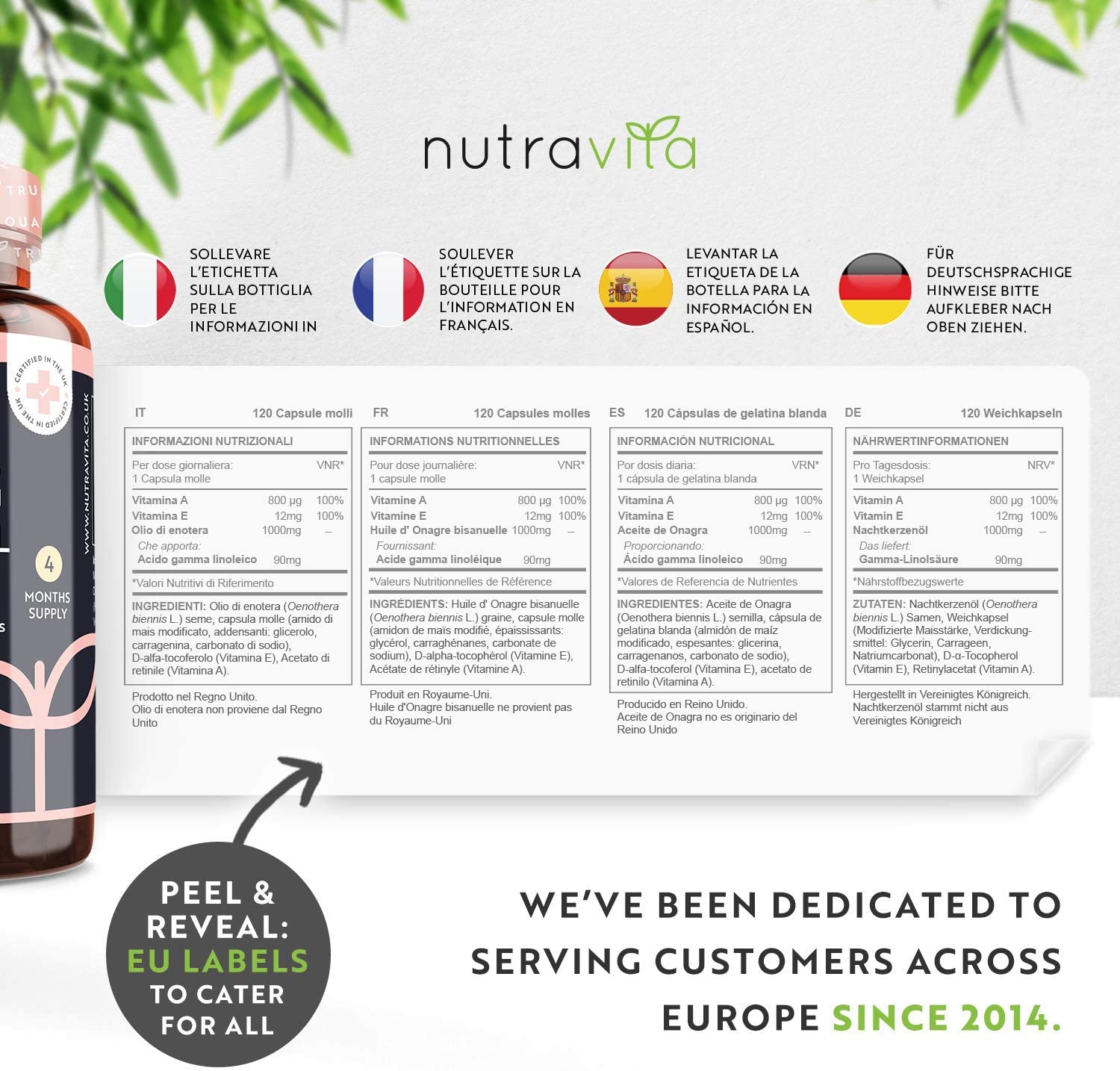 Vegan Cold Pressed Premium Evening Primrose Oil 1000mg - 120 High Strength Capsules - Rich Source of Omega 6 & GLA with Vitamin A & Vitamin E - Maintenance of Normal Skin - Made by Nutravita - Image 4
