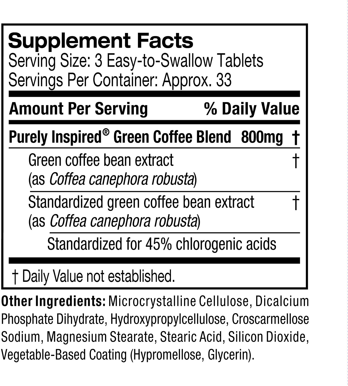 Purely Inspired Green Coffee Weight Loss Supplement, Dietary Supplements, 800 mg |100 Tablets - Image 2