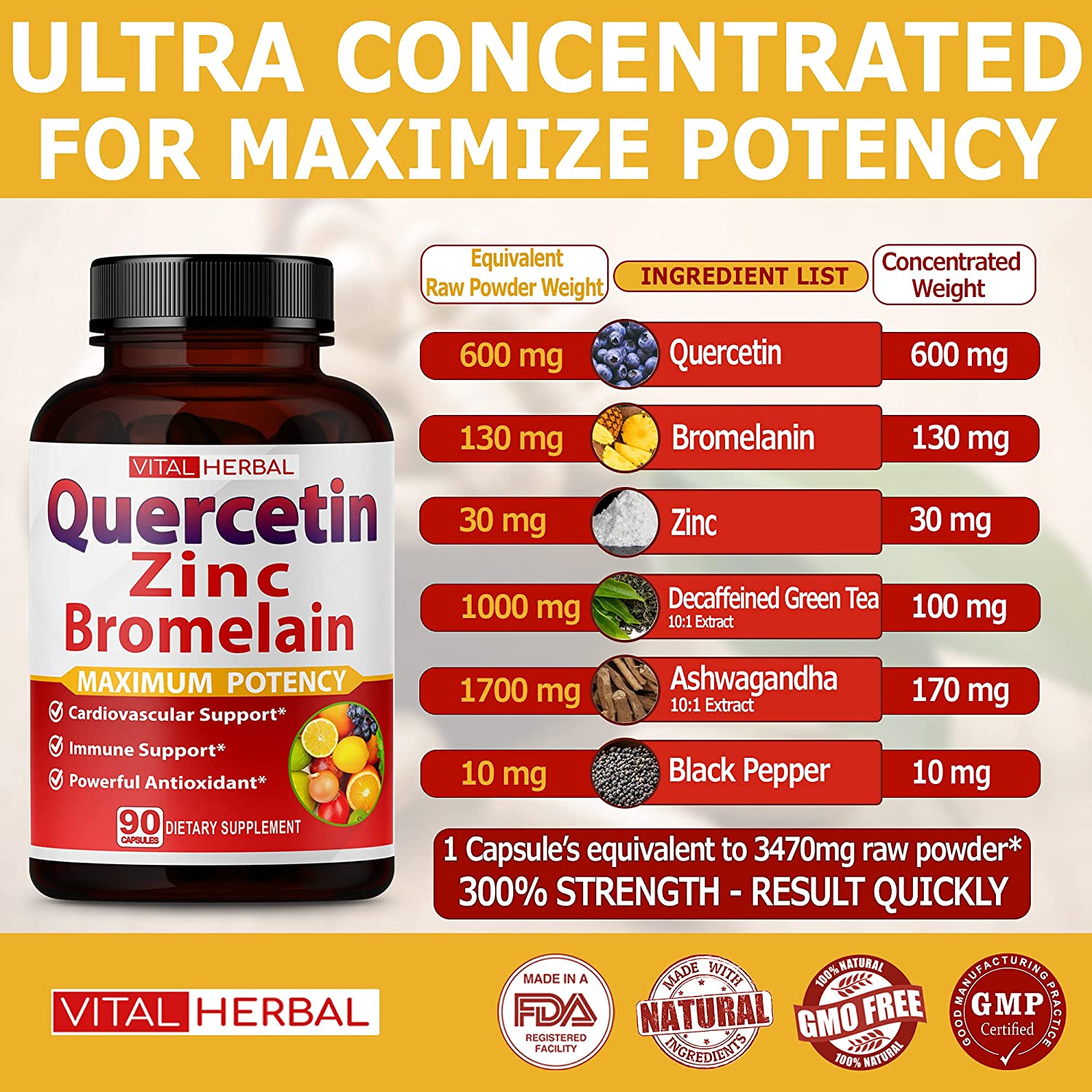 Premium High Purity Quercetin 98% with Bromelain Capsules Equivalent to 3470 mg - Maximum Potency with Green Tea Ashwagandha - Supports Overall Health Strength Energy - 90 Days Supply - Image 7