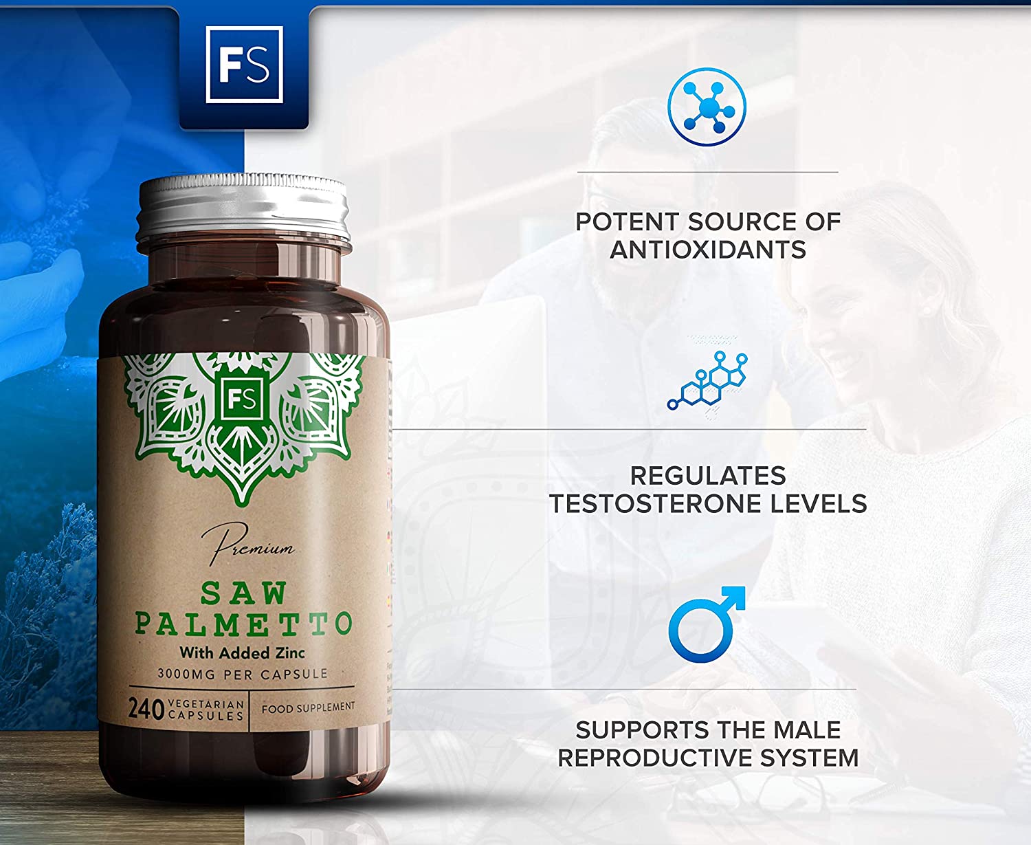 FS Saw Palmetto Capsules High Strength 3000mg with Added Zinc 15mg | Saw Palmetto Extract (20:1) | 240 Vegan Capsules - 8 Month Supply | Gluten Freeمستخلص بالميتو المنشار 3000 مجم للكبسولة بنسبة إستخلاص 1 : 20 مع الزنك ، 240 كبسولة نباتية تكفى 8 أشهر - Image 5