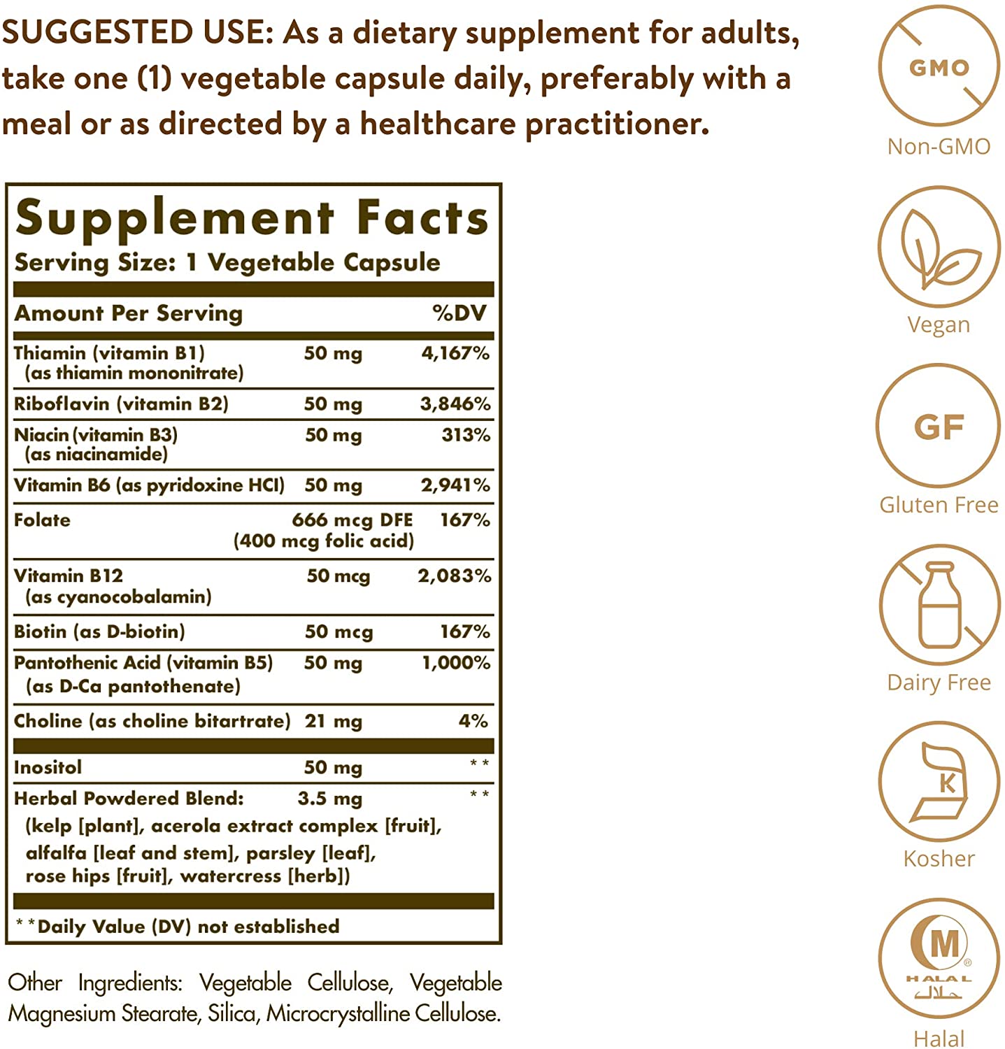 Solgar B-Complex “50”, 250 Vegetable Capsules - Energy Metabolism, Cardiovascular Support, Nervous System Support - Non-GMO, Vegan, Gluten Free, Dairy Free, Kosher, Halal - 250 Servings سولجر فيتامينات ب مركب" 50" النباتى الطبيعى ، 250 كبسولة نباتية _ لزيادة إنتاج الطاقة من التمثيل الغذائى ، لدعم القلب والأوعية الدموية لصحة الجهاز العصبى - Image 5