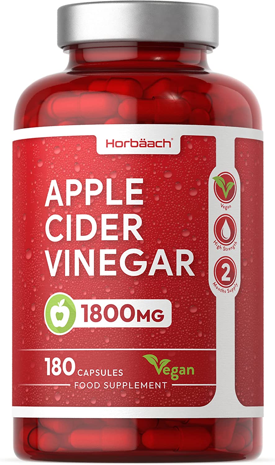 Horbaach Apple Cider Vinegar Capsules | 1800mg 180 Count | High Strength كبسولات خل التفاح | 1800 مجم | 180 قرص | غير معدلة وراثيًا، مكمل غذائي خالٍ من الغلوتين | من هورباتش