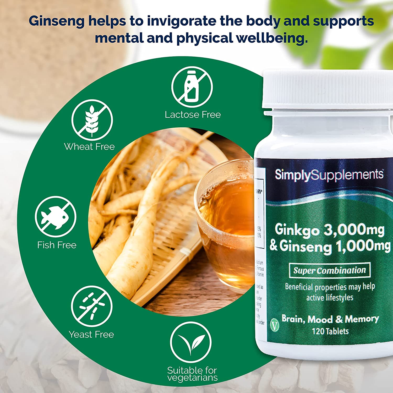 Simply Supplements Ginkgo Biloba & Korean Ginseng | Supports Mental Performance & Helps with Circulation | Vegan & Vegetarian Friendly | 120 Tablets | Manufactured in The UK سمبل سبلايمنتس خليط نباتى من الجانكجو بيلوبا 3000 مجم والجنسنج 1000 مجم لدعم صحة المخ والذاكرة والمزاج 120 حباية - Image 5