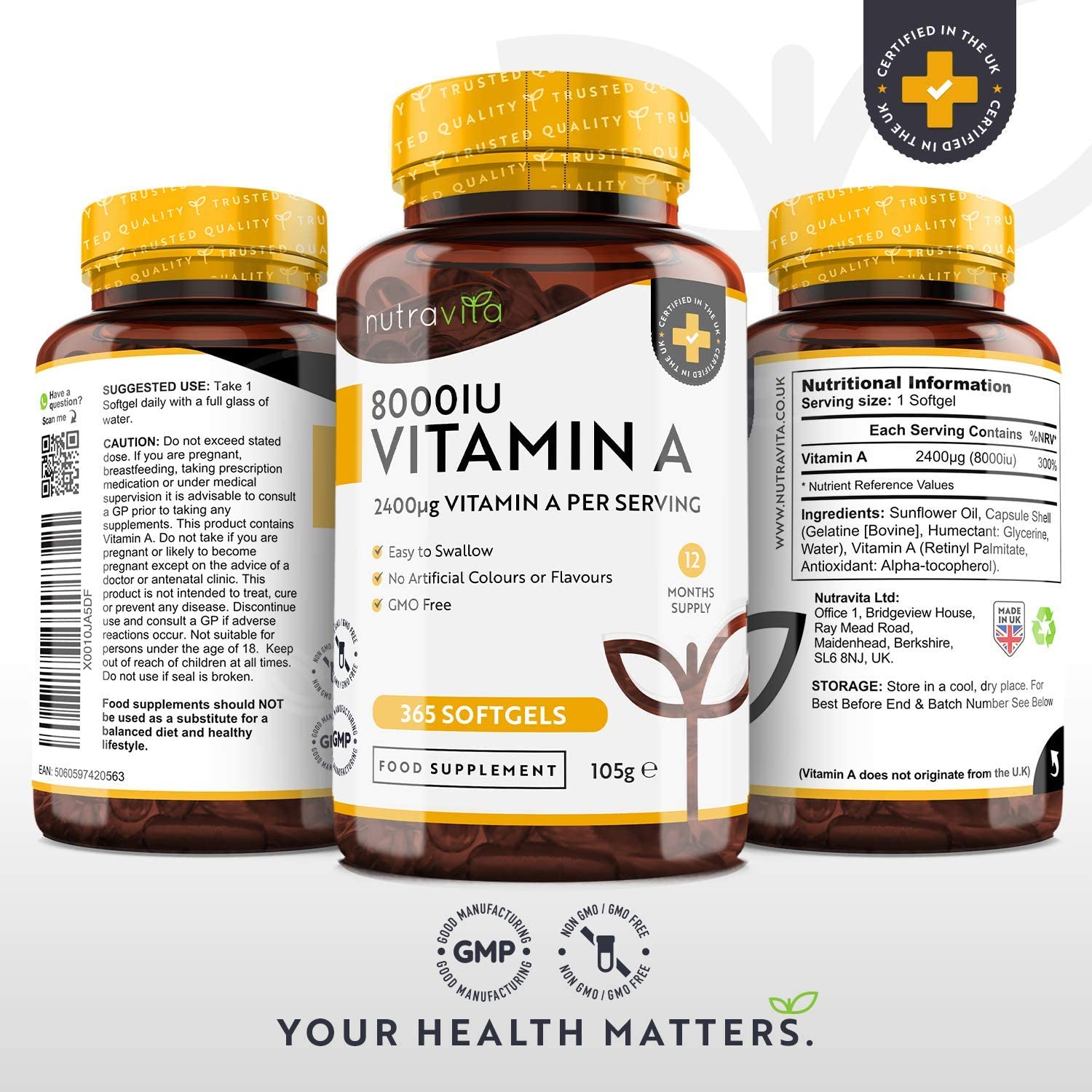 Nutravita Vitamin A 8000IU – Maintenance of The Immune System, Normal Vision and Skin – 2400 μg of Vitamin A per Softgel Capsule – 365 Softgel Capsules نيوترافيتا فيتامين ا 8000 وحده دوليه ، لصحة الجهاز المناعى والرؤية والجلد، 365 كبسولة - Image 2