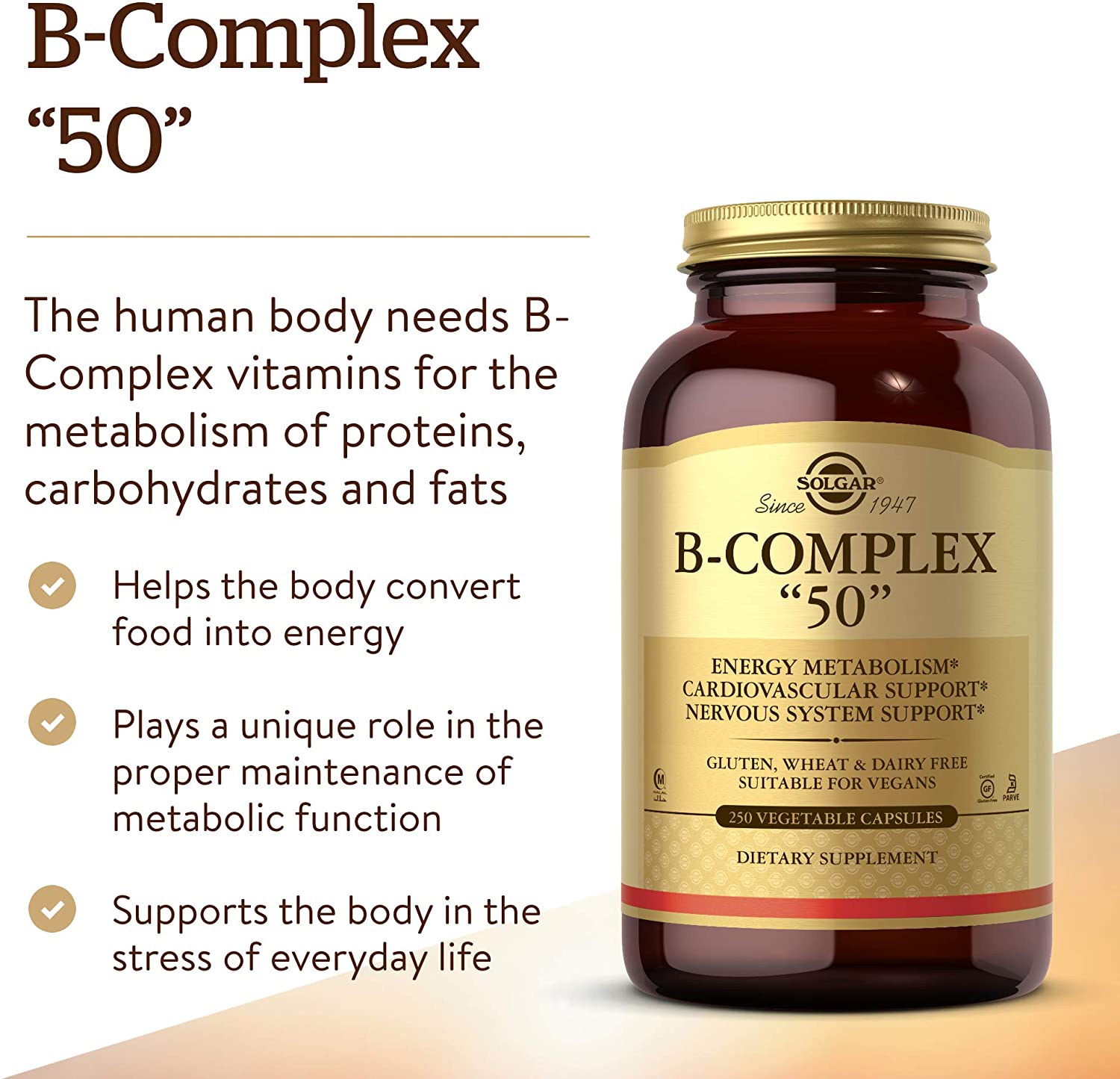 Solgar B-Complex “50”, 250 Vegetable Capsules - Energy Metabolism, Cardiovascular Support, Nervous System Support - Non-GMO, Vegan, Gluten Free, Dairy Free, Kosher, Halal - 250 Servings سولجر فيتامينات ب مركب" 50" النباتى الطبيعى ، 250 كبسولة نباتية _ لزيادة إنتاج الطاقة من التمثيل الغذائى ، لدعم القلب والأوعية الدموية لصحة الجهاز العصبى - Image 4