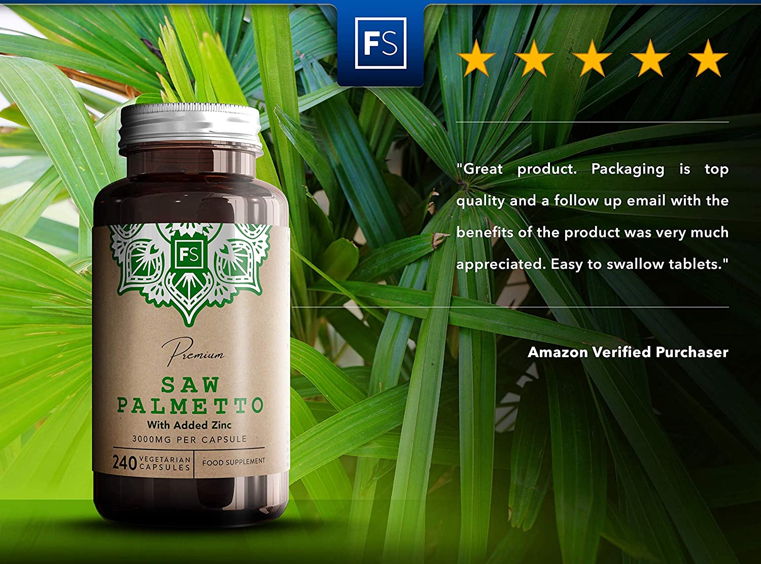 FS Saw Palmetto Capsules High Strength 3000mg with Added Zinc 15mg | Saw Palmetto Extract (20:1) | 240 Vegan Capsules - 8 Month Supply | Gluten Freeمستخلص بالميتو المنشار 3000 مجم للكبسولة بنسبة إستخلاص 1 : 20 مع الزنك ، 240 كبسولة نباتية تكفى 8 أشهر - Image 4