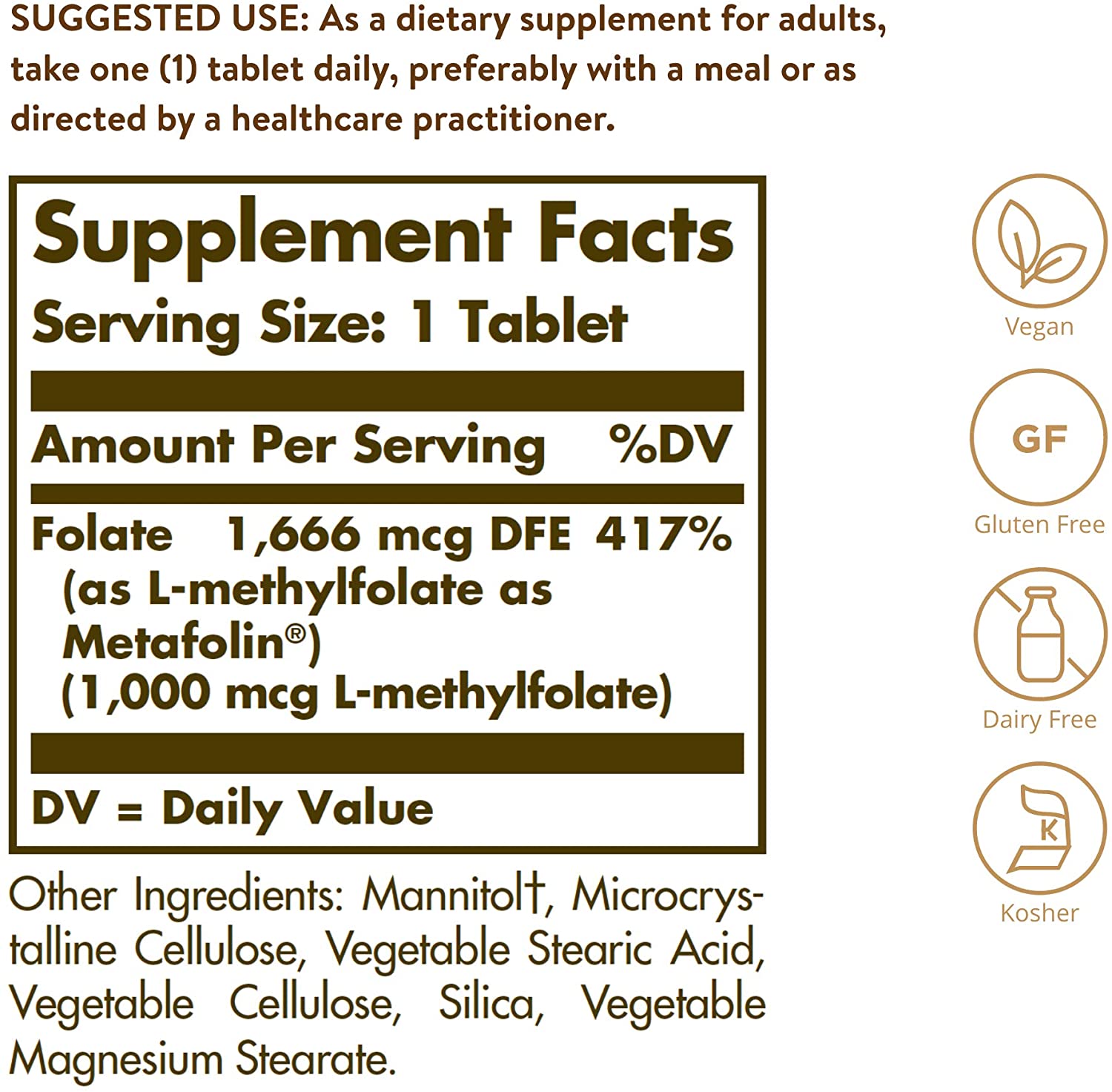 Solgar Folate 1000 mcg, 1000 mcg Bio-active Metafolin - Heart Health -120 Tablets - Image 2