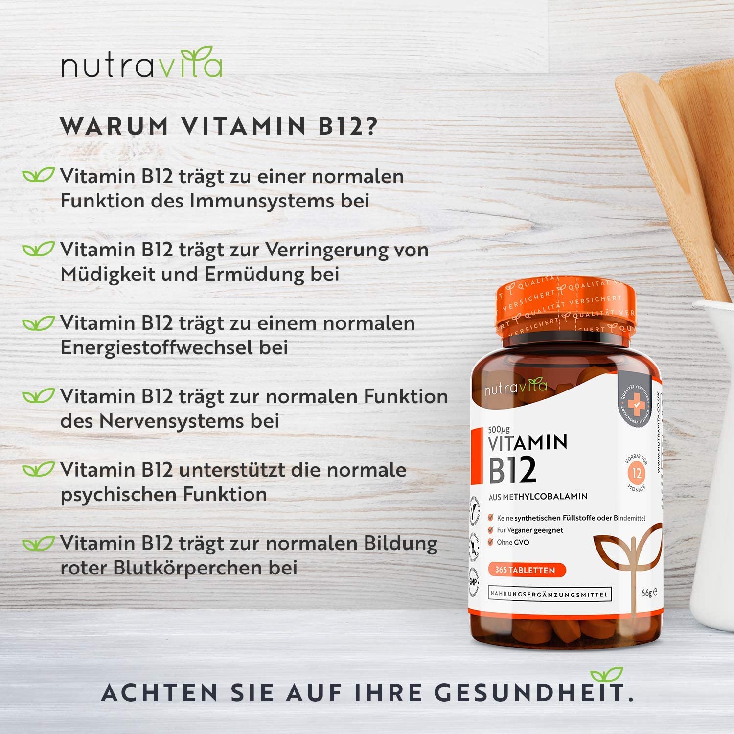 Nutravita Vitamin B12 500mcg - 365 tablets (1 year supply) of vegan methylcobalamin - tested and certified in Germany - helps reduce fatigue <BR/>فيتامين ب12 ، 500 ميكروجرام للحباية لصحة الجهاز العصبى وتقليل التعب 365 حباية - Image 7