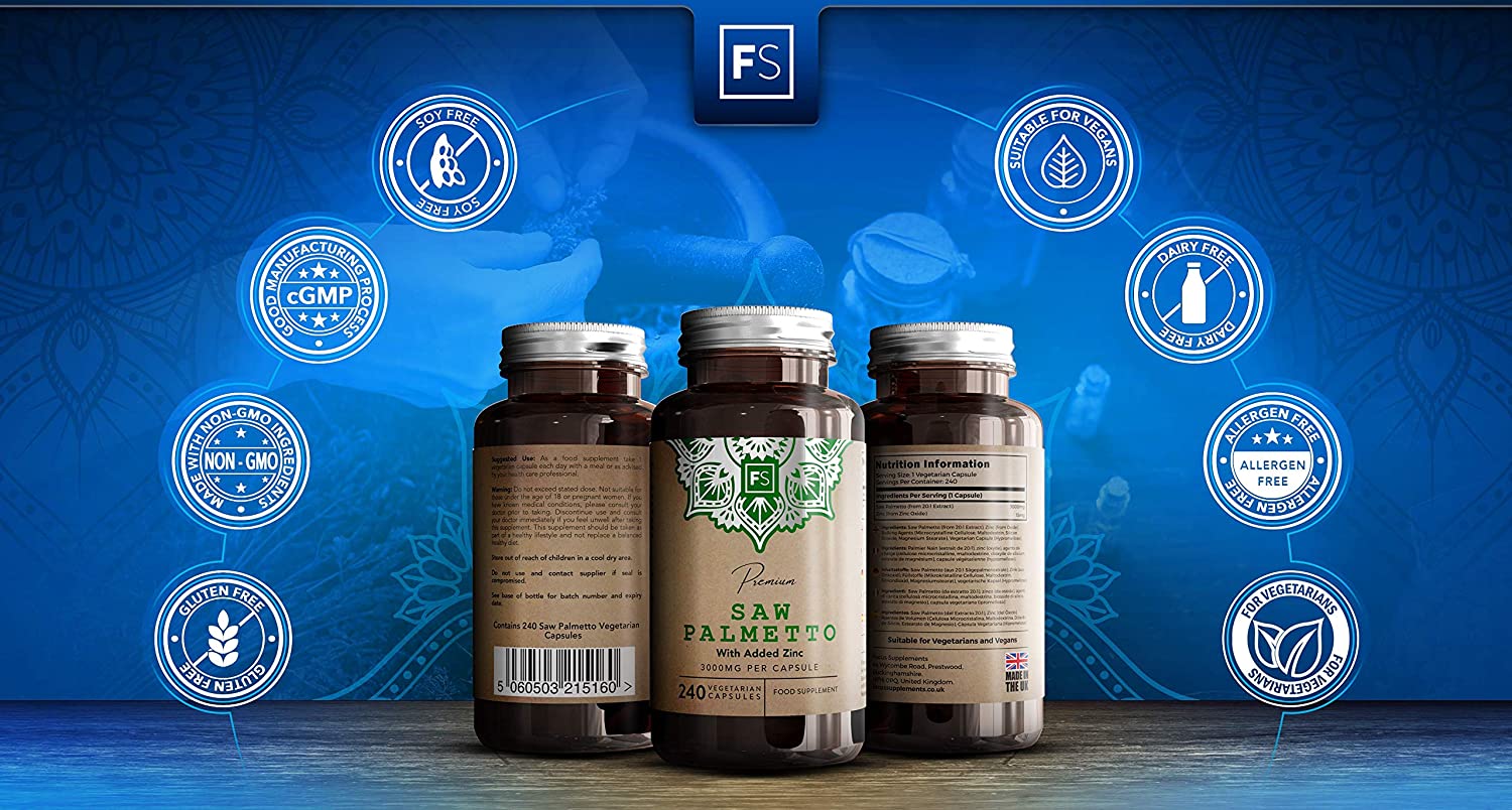 FS Saw Palmetto Capsules High Strength 3000mg with Added Zinc 15mg | Saw Palmetto Extract (20:1) | 240 Vegan Capsules - 8 Month Supply | Gluten Freeمستخلص بالميتو المنشار 3000 مجم للكبسولة بنسبة إستخلاص 1 : 20 مع الزنك ، 240 كبسولة نباتية تكفى 8 أشهر - Image 7