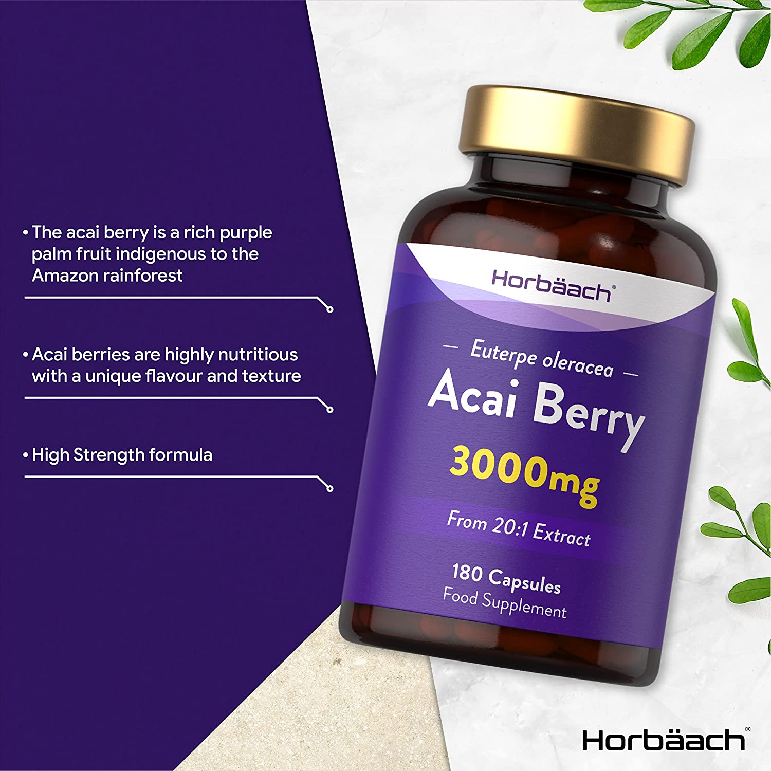 Pure Acai Berry 3000mg | 180 Powder Capsules (6 Months Supply) | Natural Freeze Dried Acai Berries | by Horbaach توت الاكاي 3000 مجم لتعزيز صحة الجهاز المناعي ويحسن صحة الجهاز الهضمي ويقوي القدره الدماغيه - Image 2