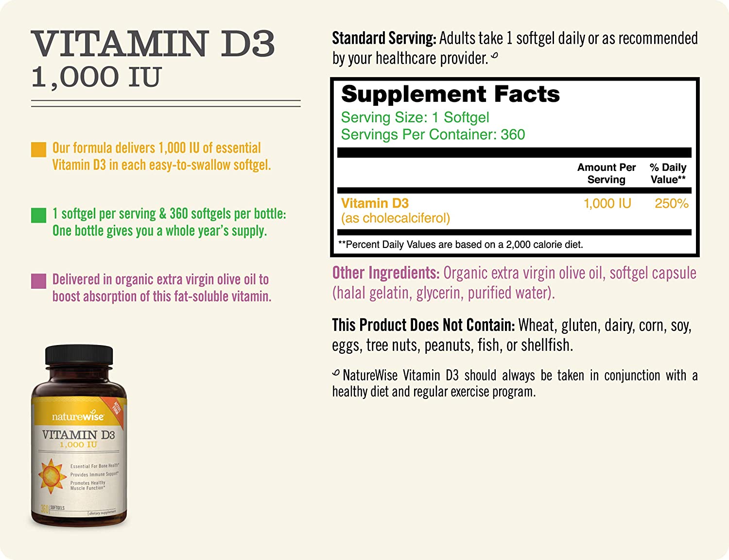 NatureWise Vitamin D3 1,000 IU for Healthy Muscle Function, Bone Health & Immune Support ,360 Count ناتشيروايس ،فيتامين د3، 1000 وحدة دولية مع زيت الزيتون العضوى، يكفى لمدة عام ، لصحة وظائف العضلات ، ولصحة العظام ، ولصحة الجهاز المناعى، 360 حباية - Image 3
