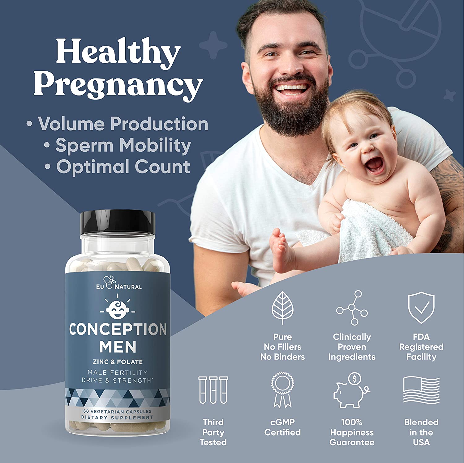 Eu Natural Conception Men Fertility Vitamins – Male Optimal Count, Motility Strength, Healthy Volume Production – Zinc, Folate, Ashwagandha Pills – 60 Vegetarian Soft Capsules فيتامينات الخصوبة للرجال ، مع الزنك وحمض الفوليك والأشواجندا ، لزيادة الخصوبة ، و تحسين الصحة الإنجابية ، 60 كبسولة نباتية - Image 4