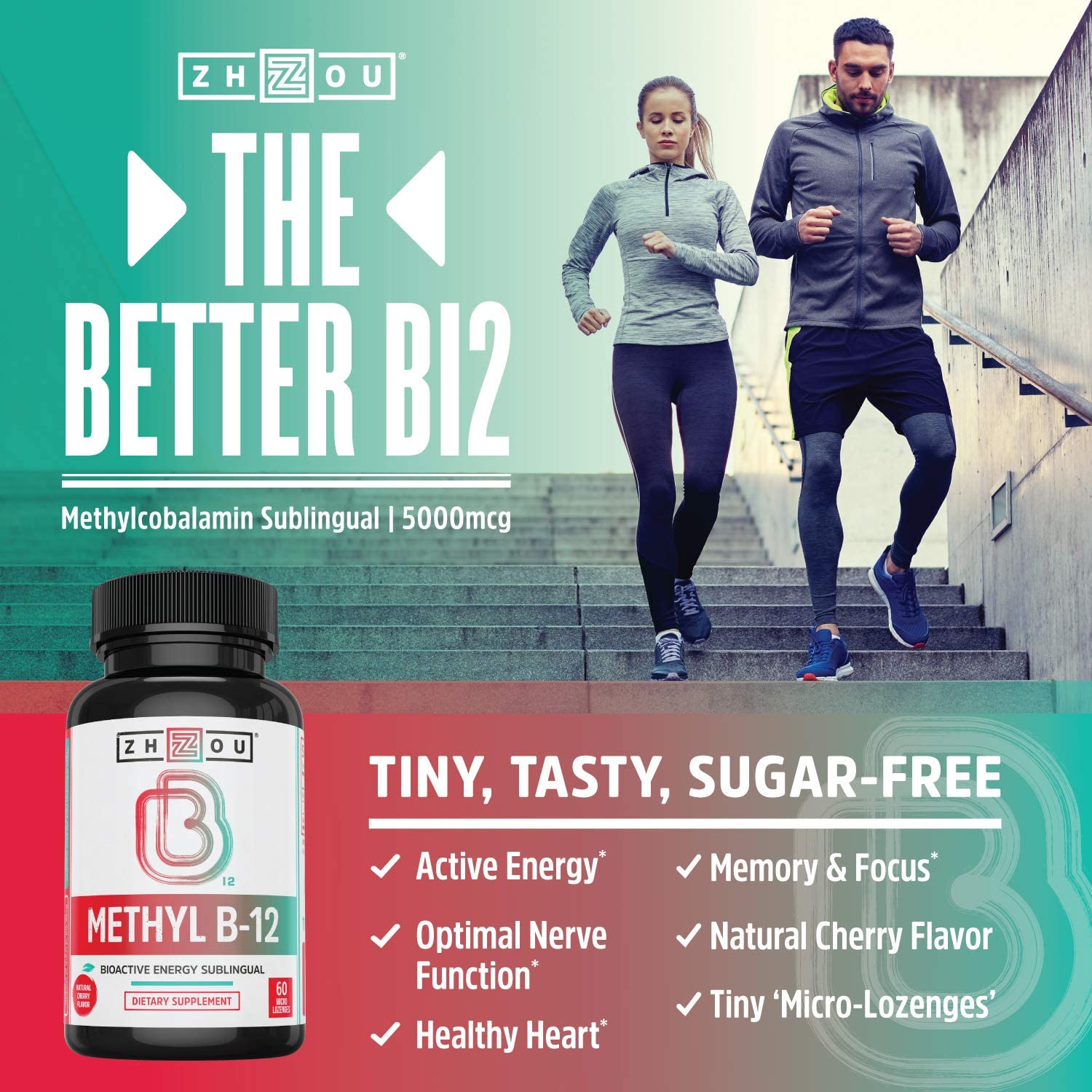 ZHOU Methyl B12 (Vitamin B12) Lozenges, 5000 mcg for Maximum Absorption and Active Energy - 60 Count ميثيل فيتامين ب12، 5000 ميكروجرام ، عالى الإمتصاص ، لزيادة إنتاج الطاقة ، 60 قطعة - Image 3