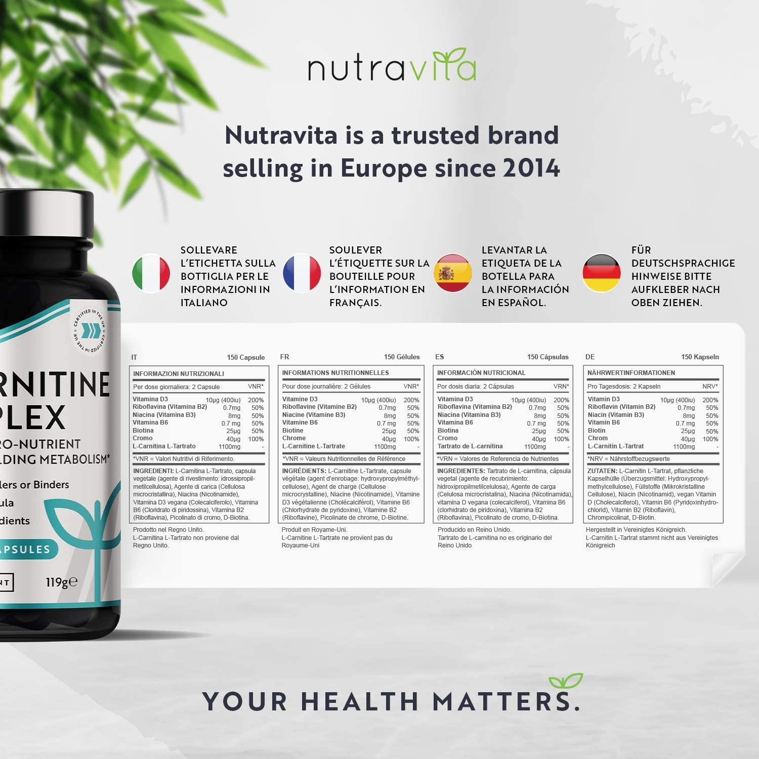 Nutravita L-Carnitine Complex - High Strength Capsules with Added Riboflavin, Biotin, Chromium, Vitamin D, B3 & B6 - Macronutrient & Energy Yielding Metabolism - 150 Vegan Capsules نيوترافيتا ل_الكارنيتين مركب لصحة التمثيل الغذائى وزيادة إنتاج الطاقة ، 150 كبسولة نباتية - Image 6