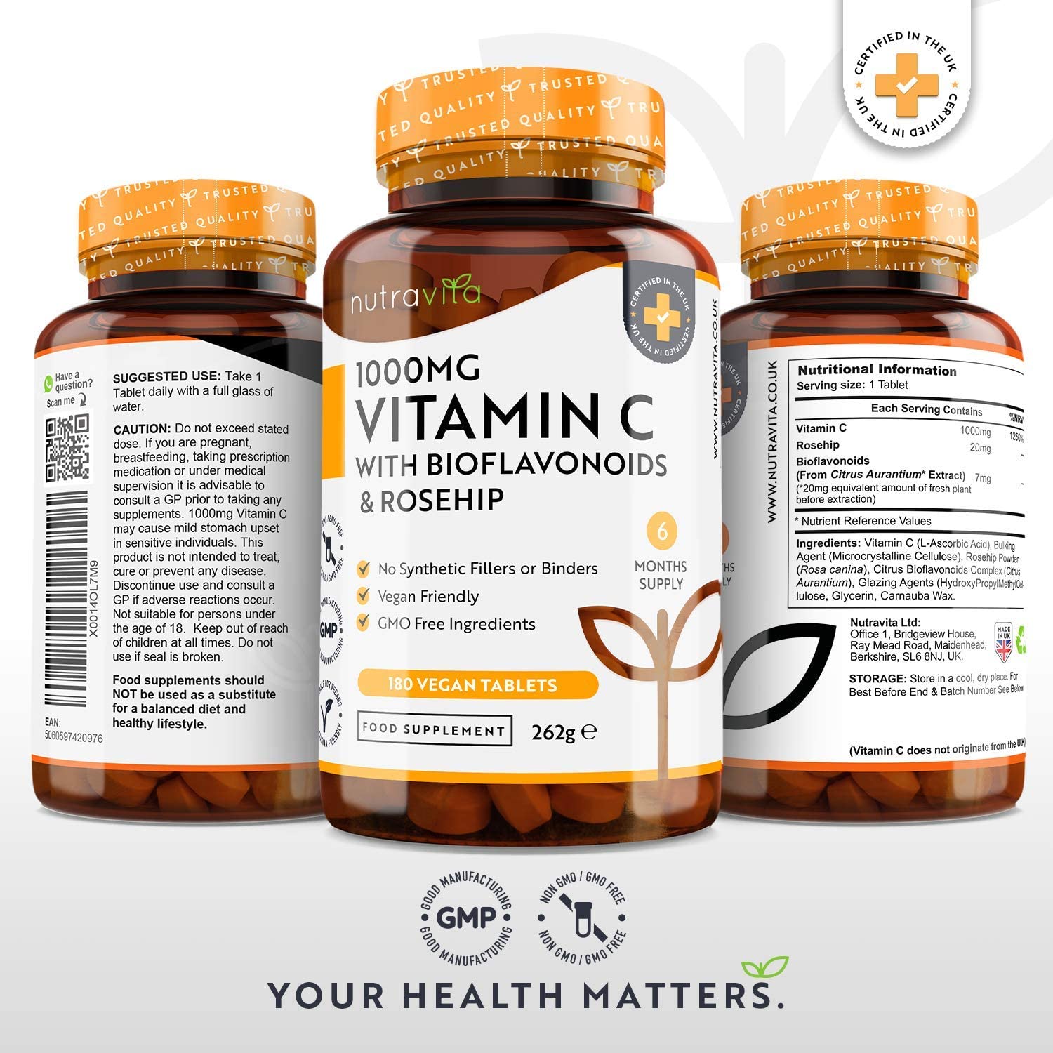 Nutravita Vitamin C 1000mg with Bioflavonoids and Rosehip - 180 Vegan Tablets نيوترافيتا ، فيتامين ج 1000 مجم ، مع البيوفلافونويد و ورد المسك ، 180 حباية نباتية - Image 5