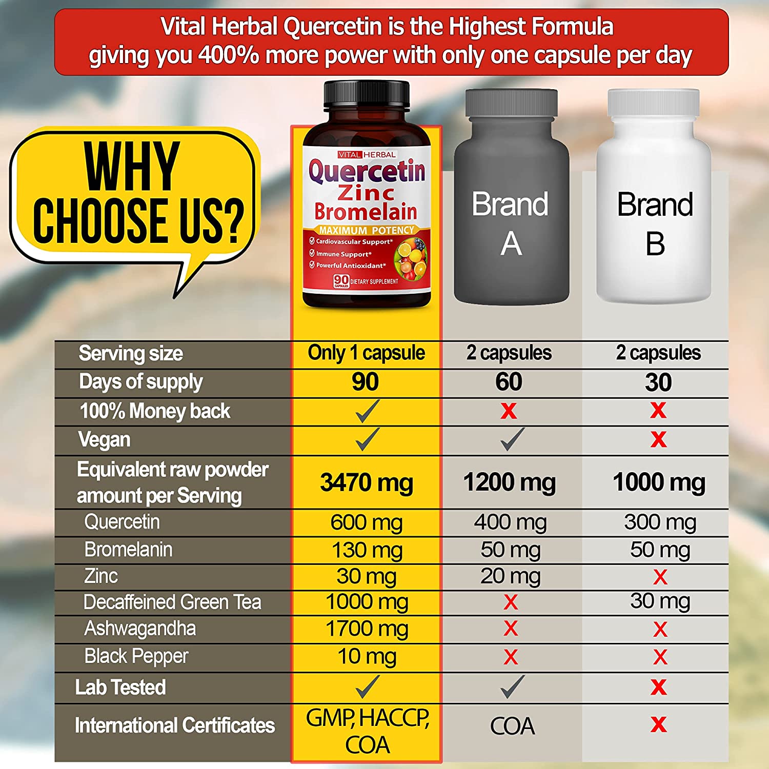 Premium High Purity Quercetin 98% with Bromelain Capsules Equivalent to 3470 mg - Maximum Potency with Green Tea Ashwagandha - Supports Overall Health Strength Energy - 90 Days Supply - Image 6