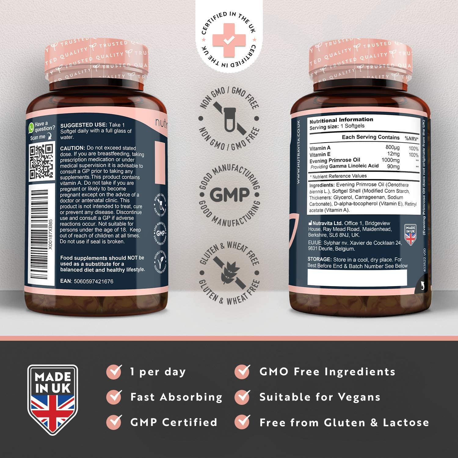 Vegan Cold Pressed Premium Evening Primrose Oil 1000mg - 120 High Strength Capsules - Rich Source of Omega 6 & GLA with Vitamin A & Vitamin E - Maintenance of Normal Skin - Made by Nutravita - Image 7