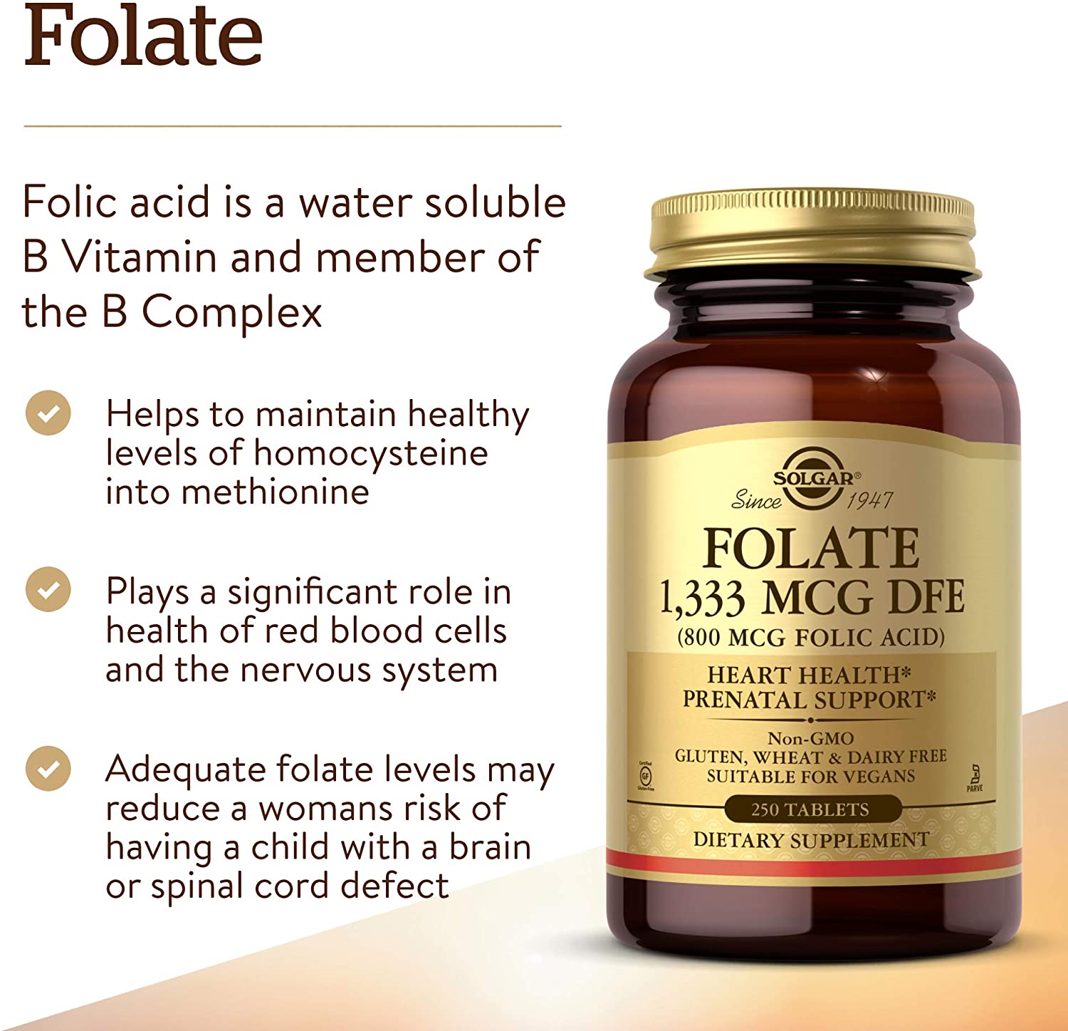 Solgar Folate 1,333 MCG Equivalent (800 mcg Folic Acid), Healthy Nervous System, pregnant Support, 250 Tablets سولجار فولات 1,333 ميكروجرام( 800 ميكرو حمض الفوليك) لصحة القلب والجهاز العصبى ولصحة الأمهات الحوامل ، 250 حباية - Image 3