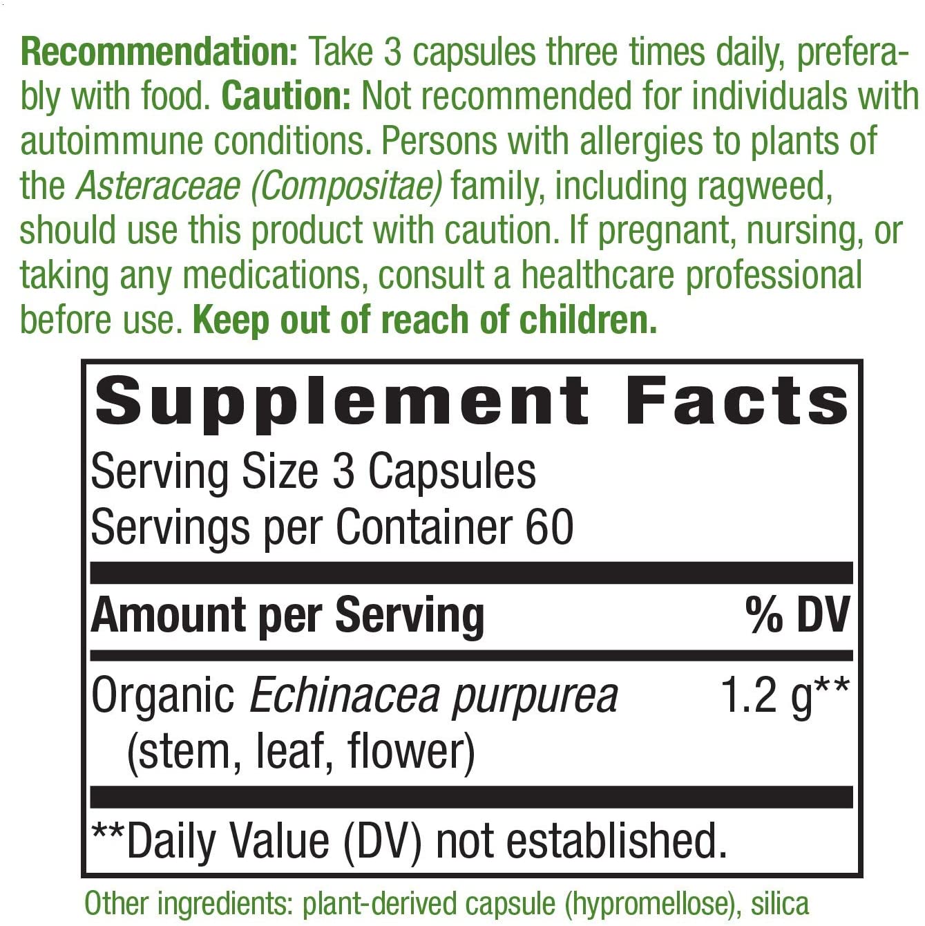 ingredients of Natures Way Echinacea Purpurea Herb, 180 Capsules